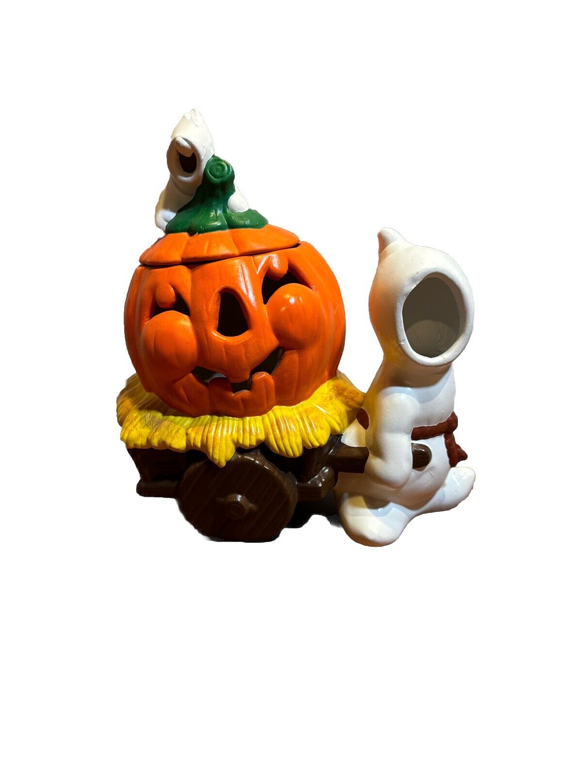 Vintage Ceramic Mold Halloween 🎃 Ghost 👻 Pulling Jack O Lantern pumpkin wagon