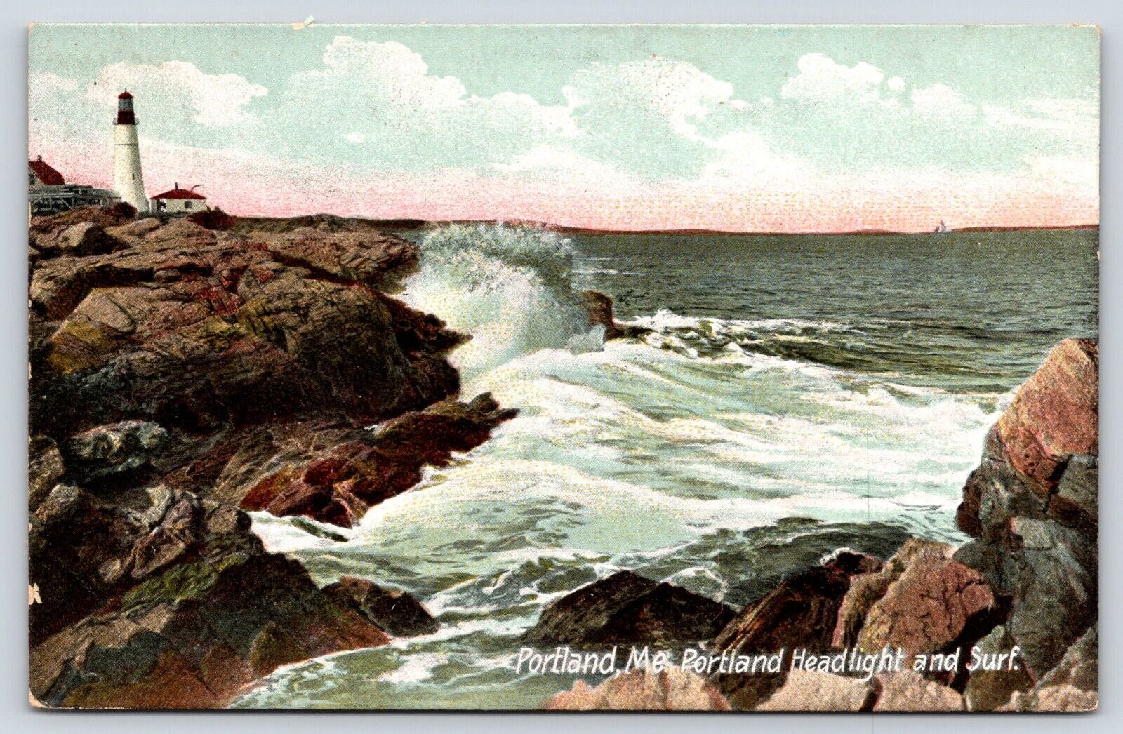 Maine Portland Headlight and Surf Vintage Postcard POSTED