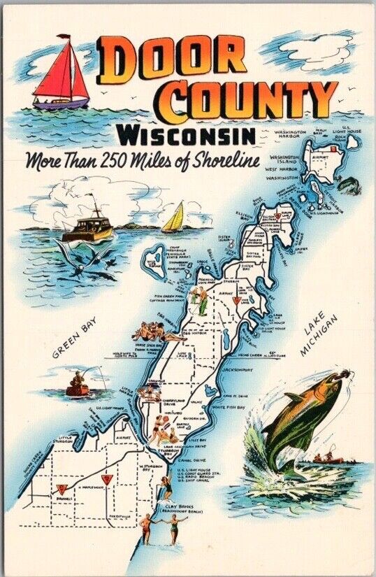 Vintage 1960s DOOR COUNTY Wisconsin Postcard Road Map / Fishing Scenes / UNUSED