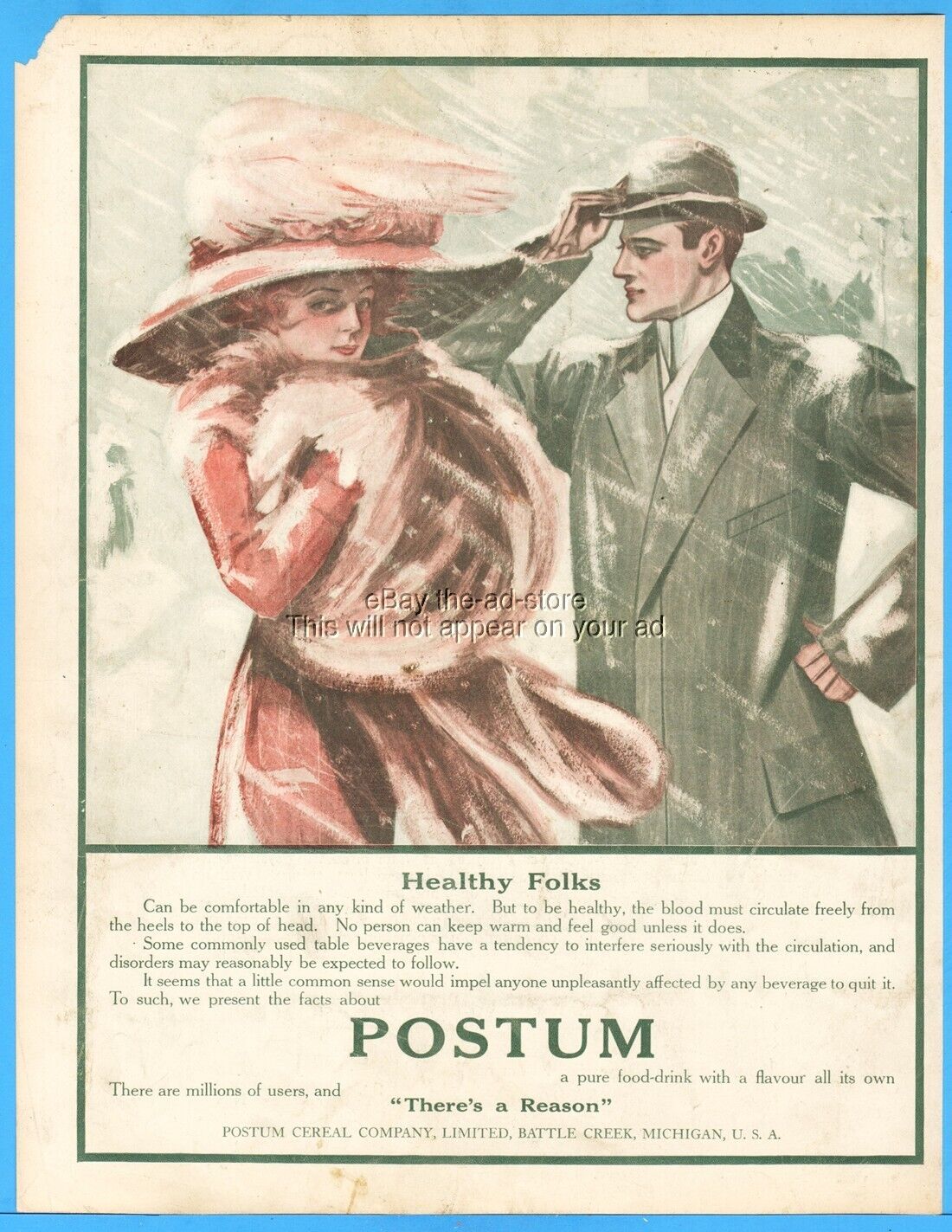 1911 Postum Cereal Battle Creek MI Edwardian Couple Women\'s Winter Fashion