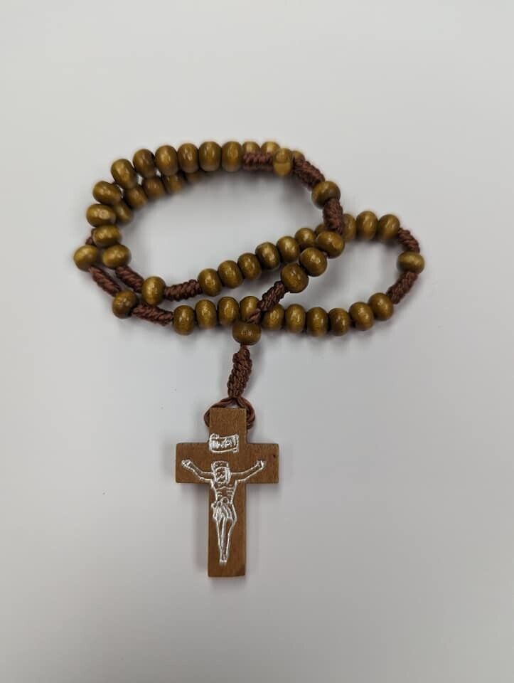 Small Pocket Wood Rosary (Light Oak - 4mm Beads) INRI Wooden Crucifix