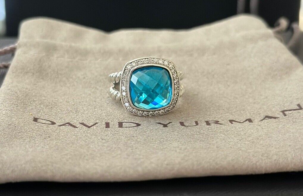 David Yurman 925 Sterling Silver 11mm Albion Blue Topaz & Diamond Ring Sz 7