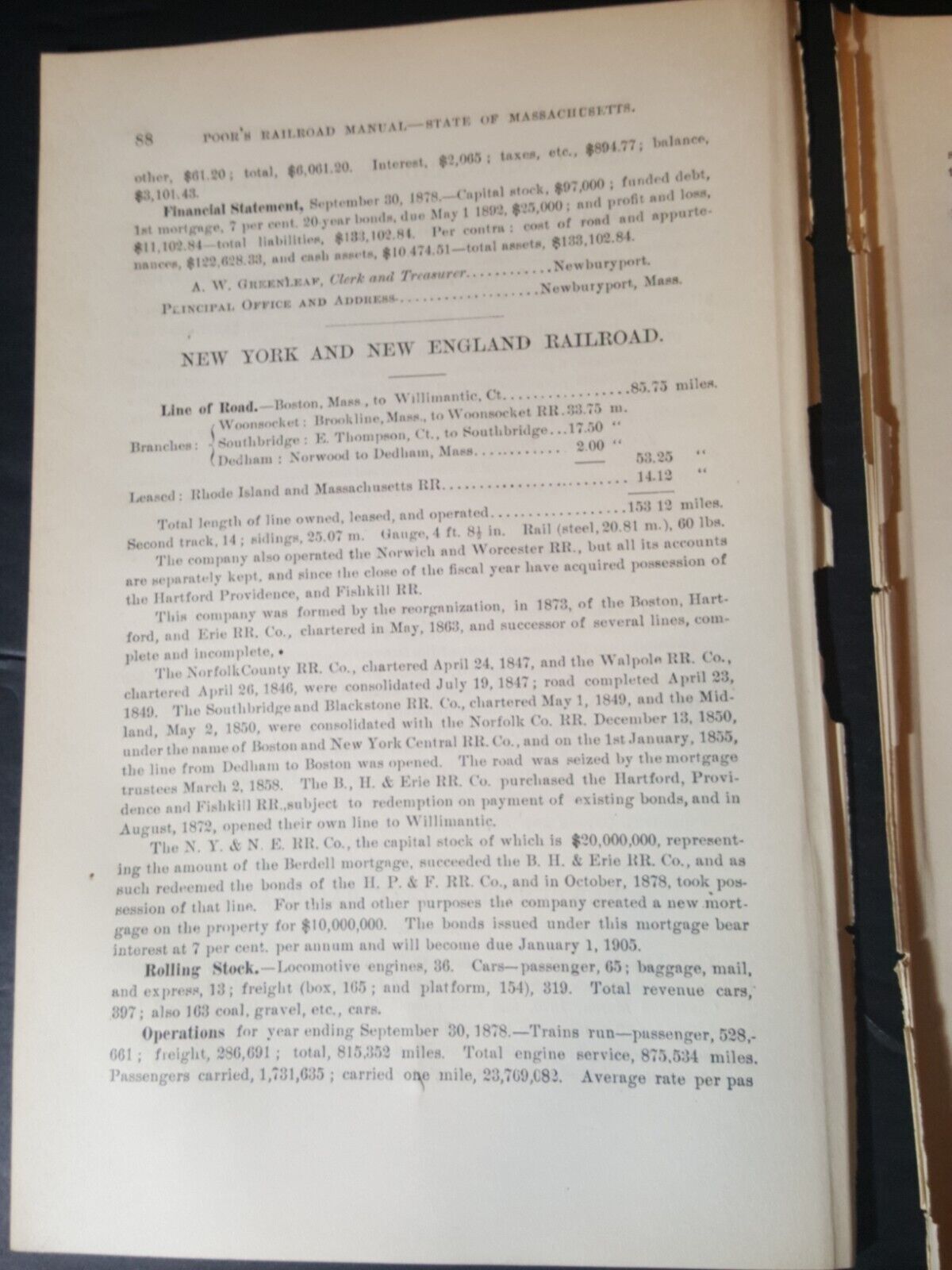 1879 original train report NEW YORK & NEW ENGLAND RAILROAD Woonsocket Dedham MA