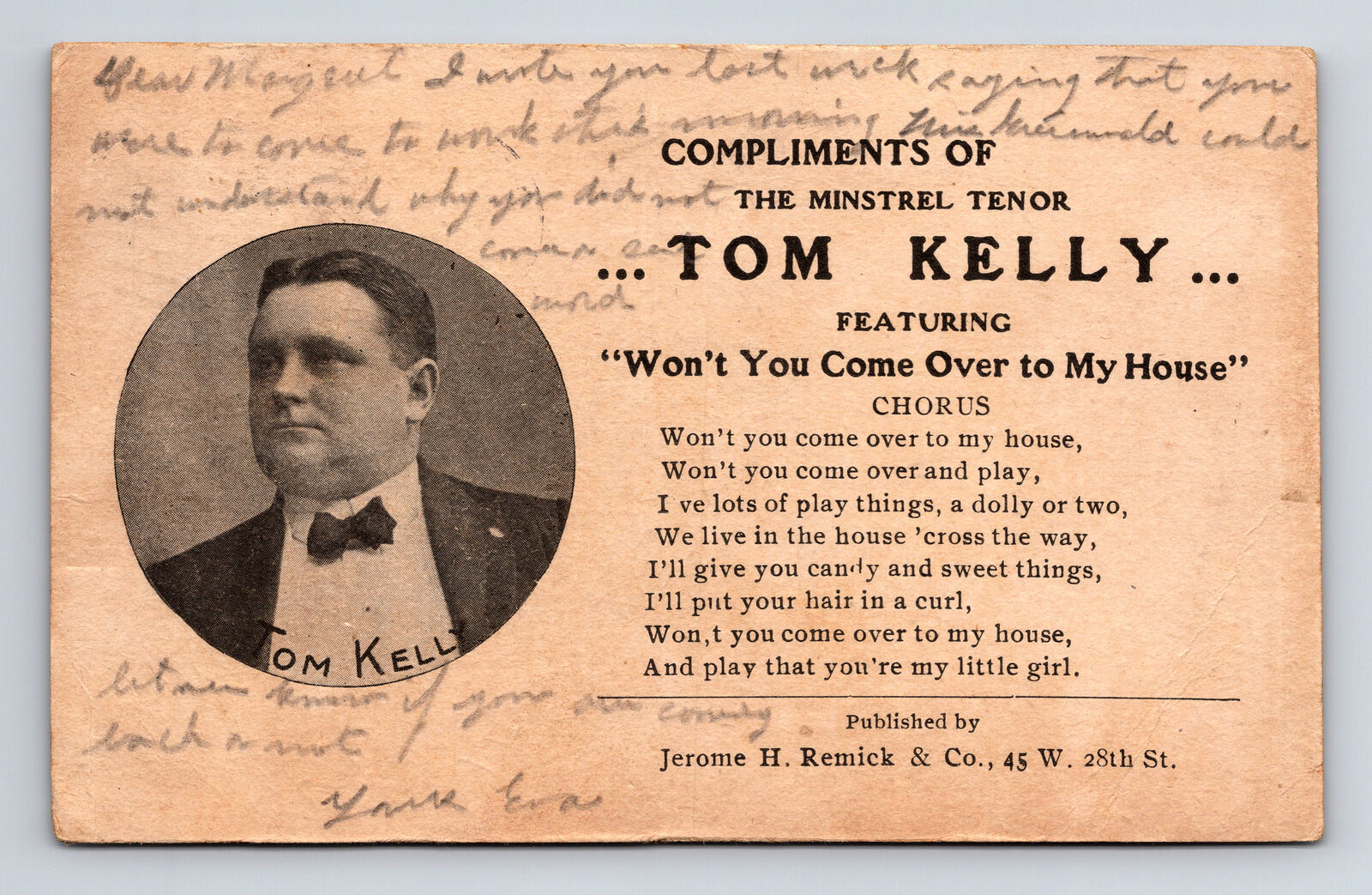 1906 Minstrel Tenor Singer Tom Kelly Tin Pan Alley Ad 28th St NY Postcard