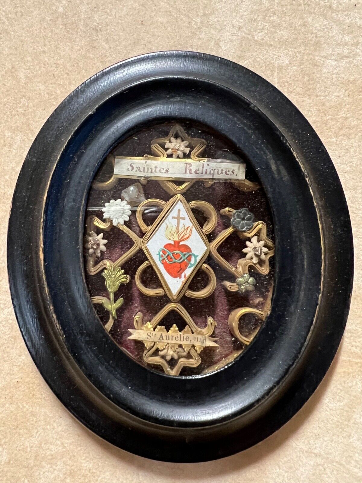 Rare Antique French Reliquaire Medallion,Ste Relique Aurelie Sacred Heart 1880's