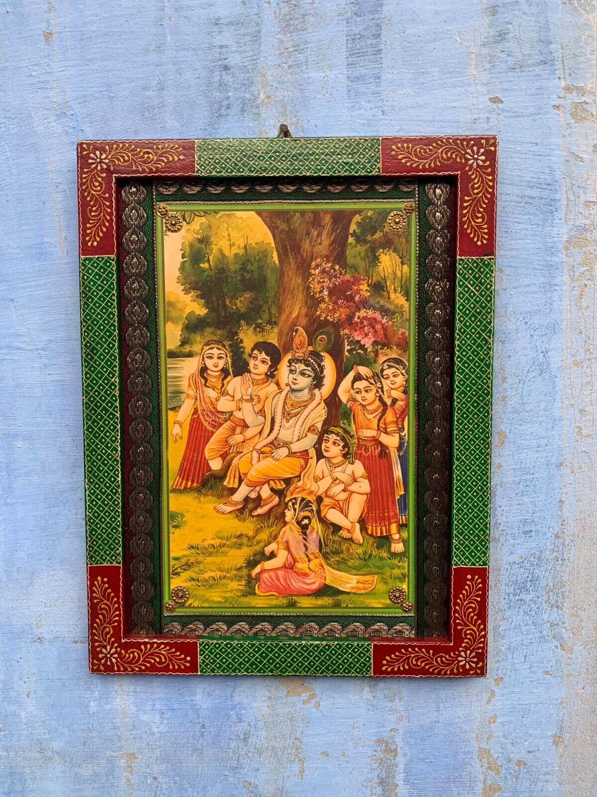 Picture  frame Radha Krishna, Wall art Decor Wooden Hand Painted Frame - 9 x 12