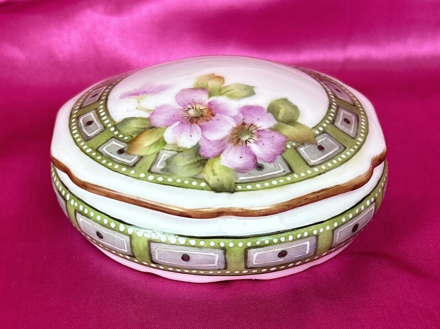 Antique Porcelain Hand Painted Trinket Box Keepsake Jewelry Pink Cherry Blossoms