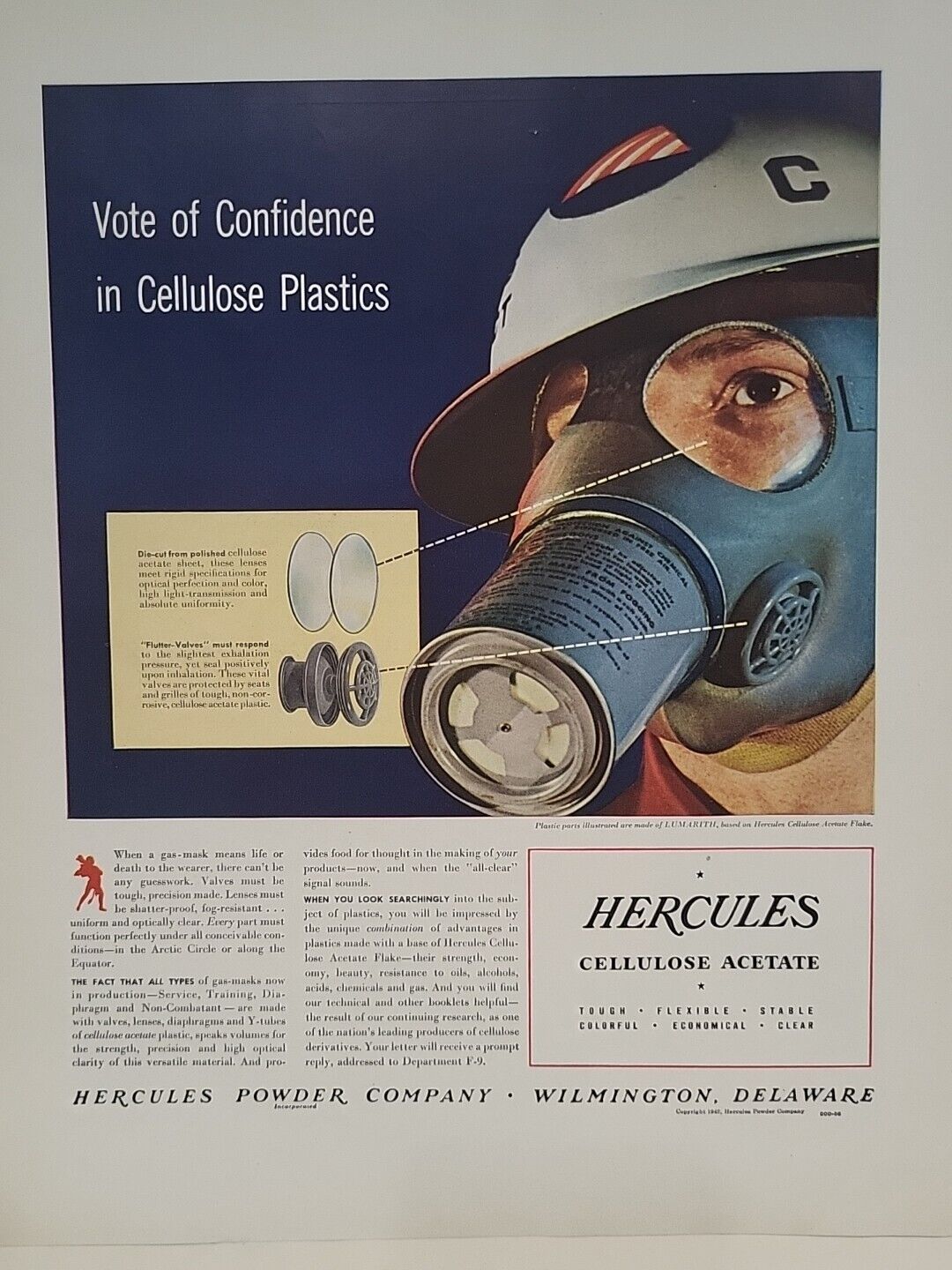 1942 Hercules Cellulose Acetate Gasmask Fortune WW2 Print Ad Q3 Helmet Plastics