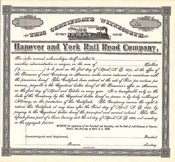 Hanover and York Railroad - Bond - Railroad Bonds