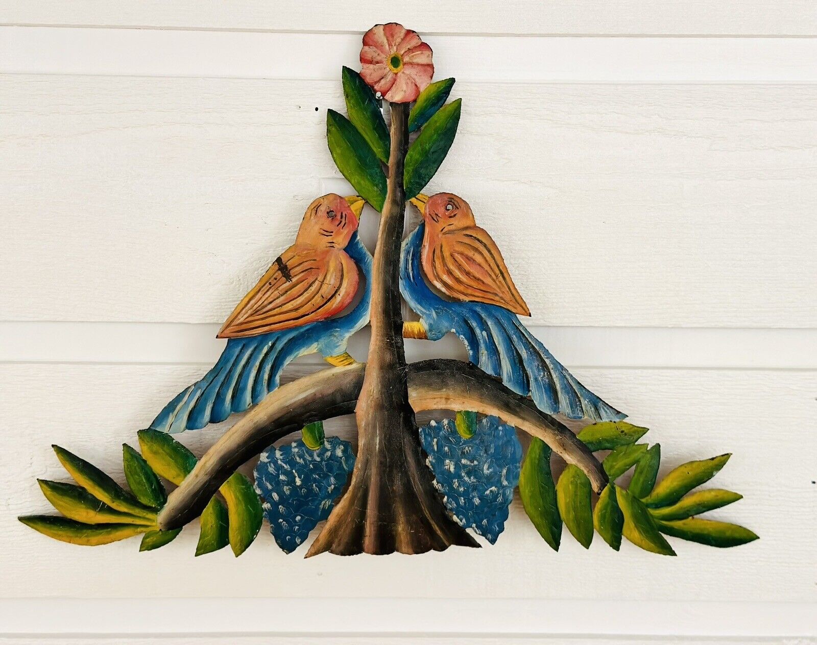 Vintage 1970s-1980s Handmade Haitian Folk Art OOAK Metal Primitive Tree & Birds