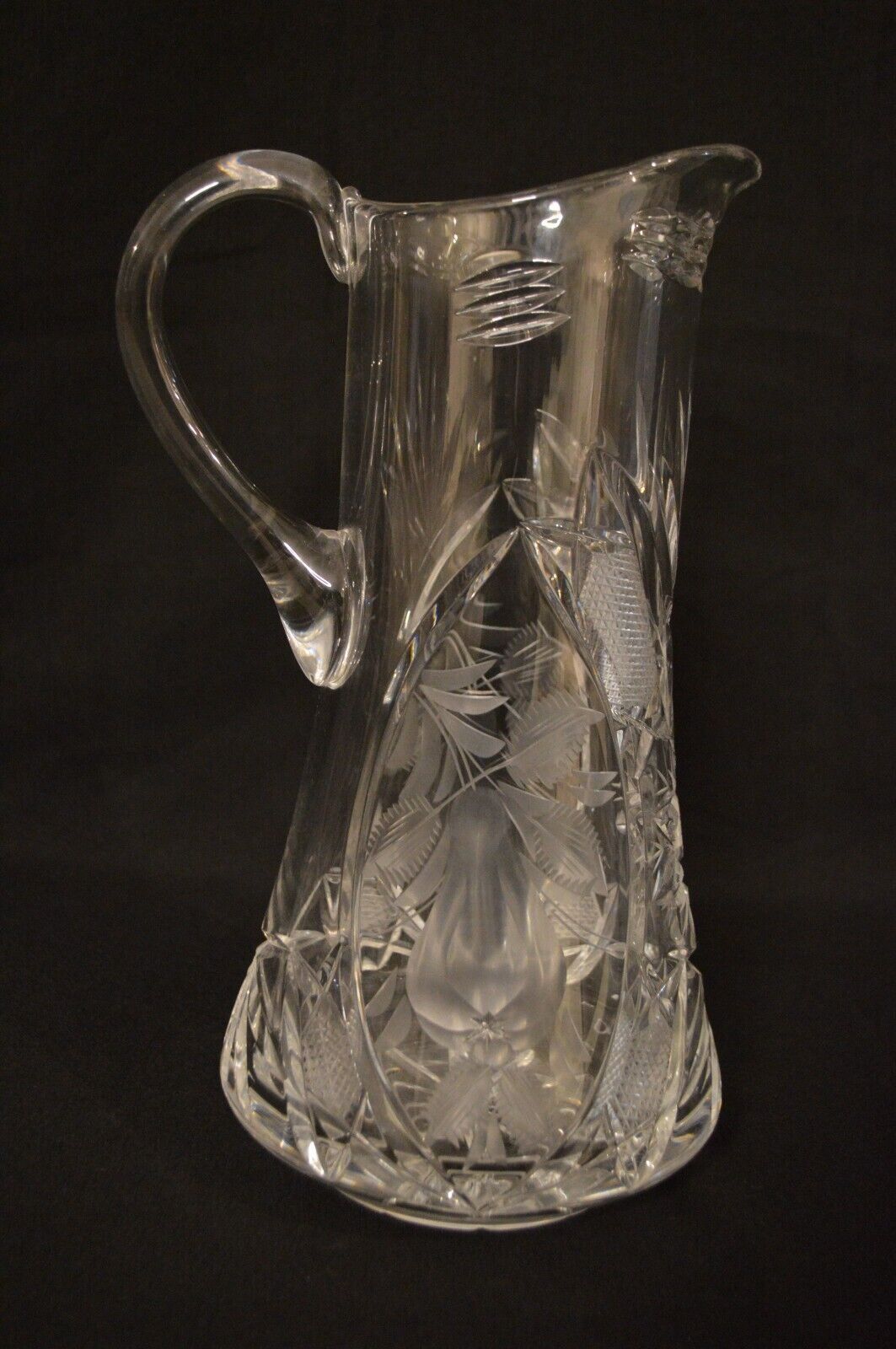 Antique American Brilliant Period Hand Cut & Etched Floral Crystal Pitcher