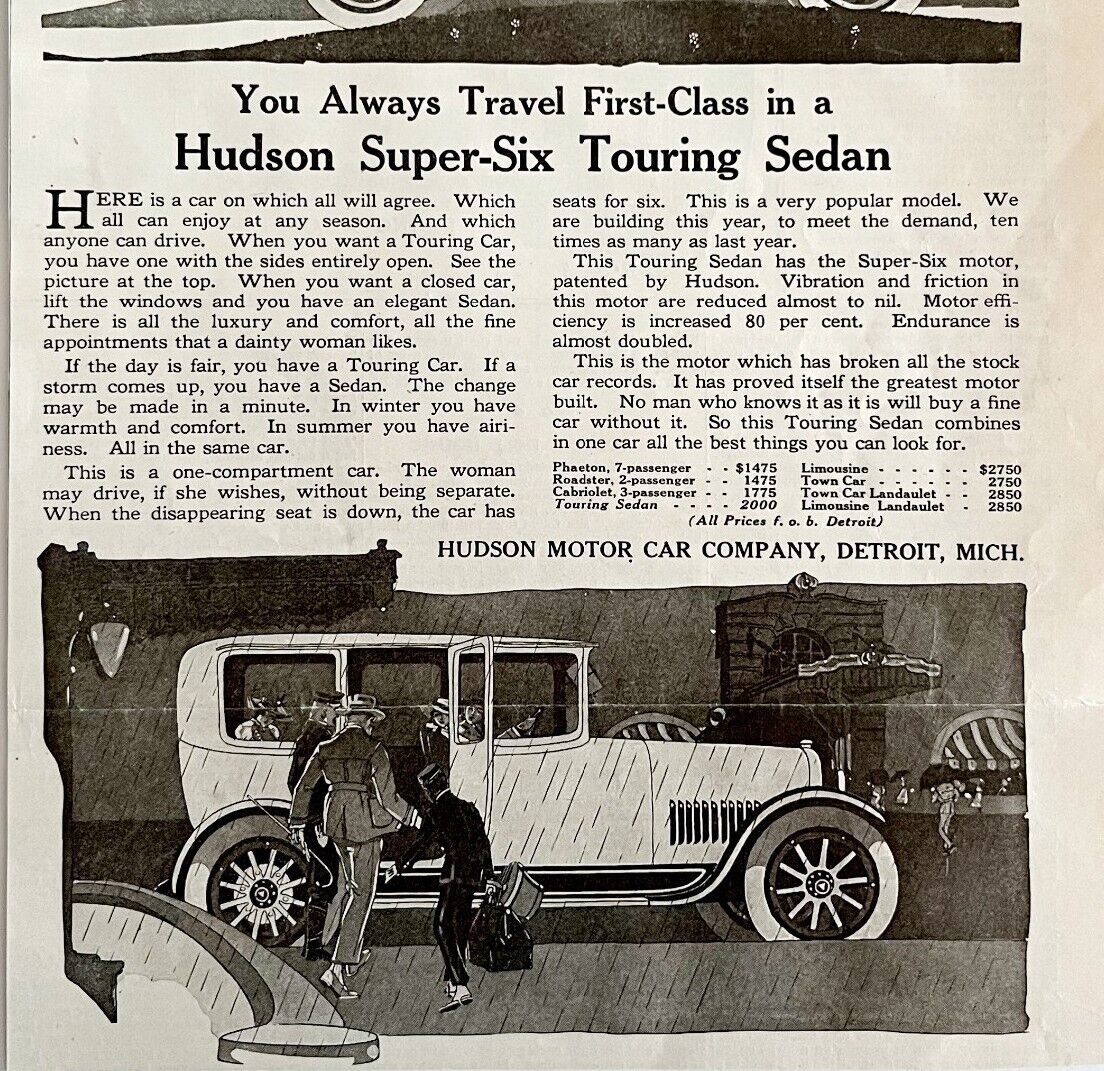 1916 Hudson Super Six Automobilia Advertisement Touring Sedan 10.5 x 8\