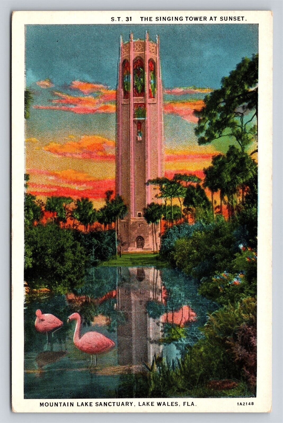 Lake Wales FL Singing Tower At Sunset Mountain Lake Sanctuary Flamingo Postcard
