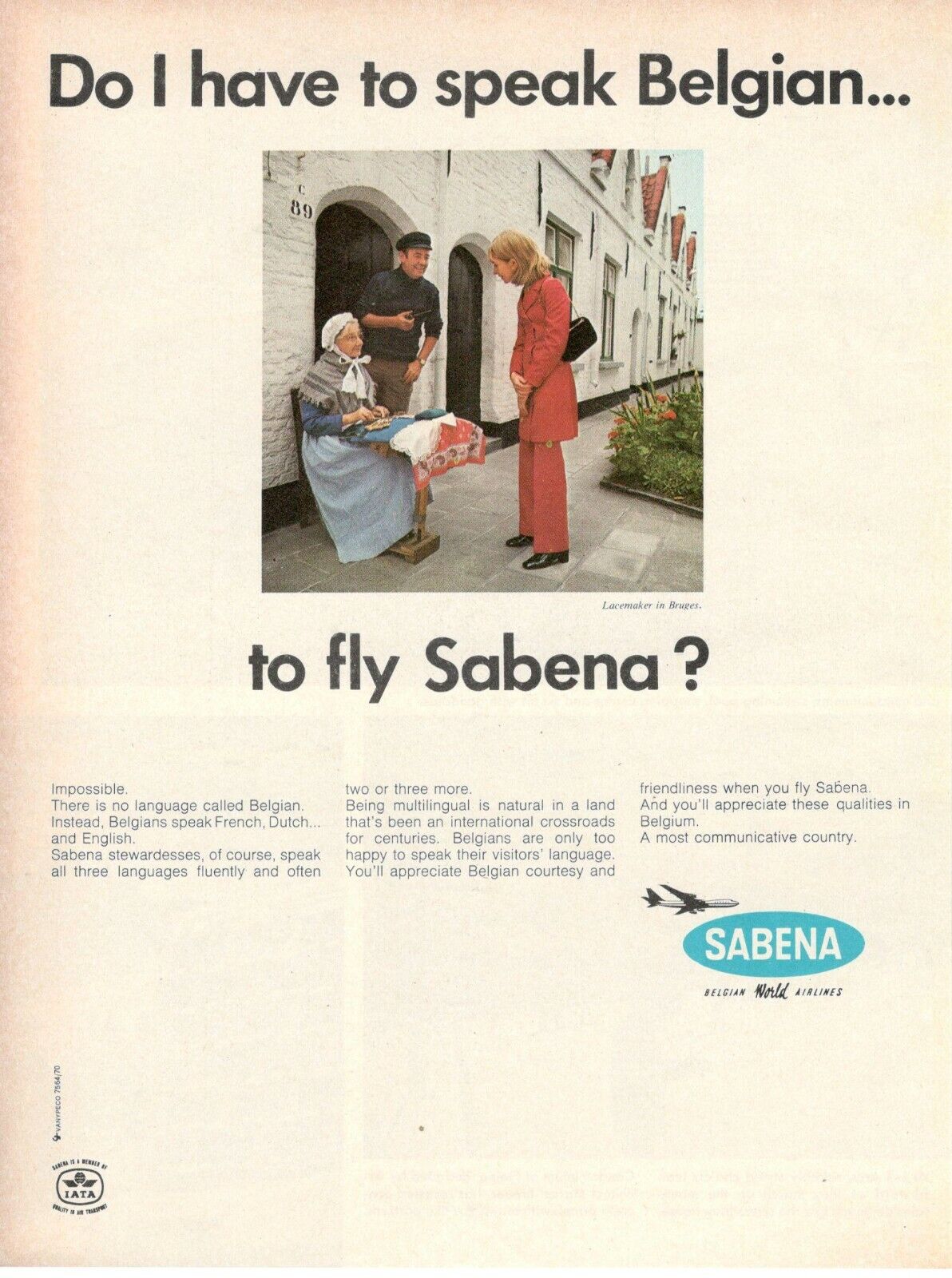 Sabena Airlines Belgium Advertising 1 Page Original 1969 Lacemaker IN Bruges