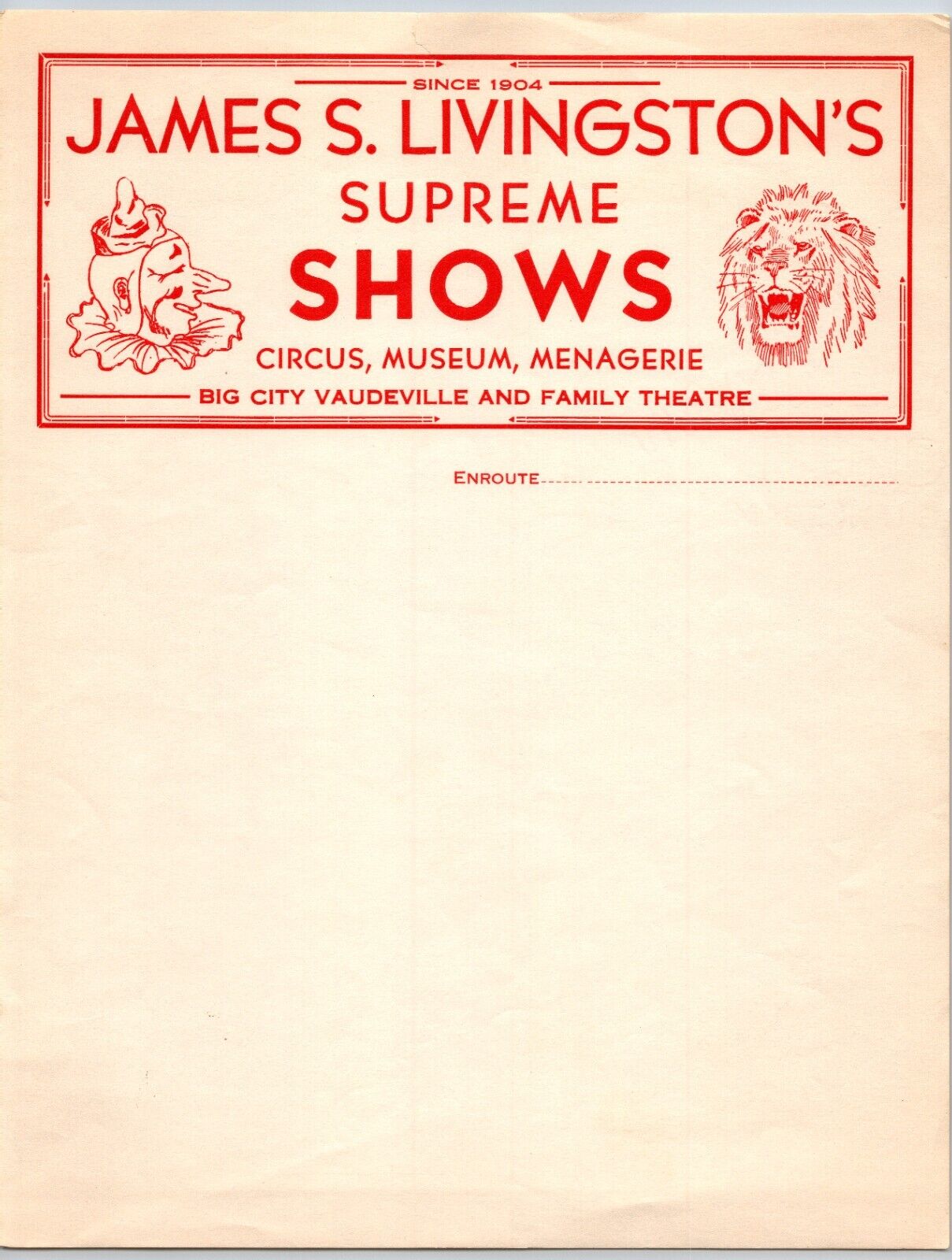 James S. Livingston's Supreme Shows Circus Letterhead c1930's Vaudeville