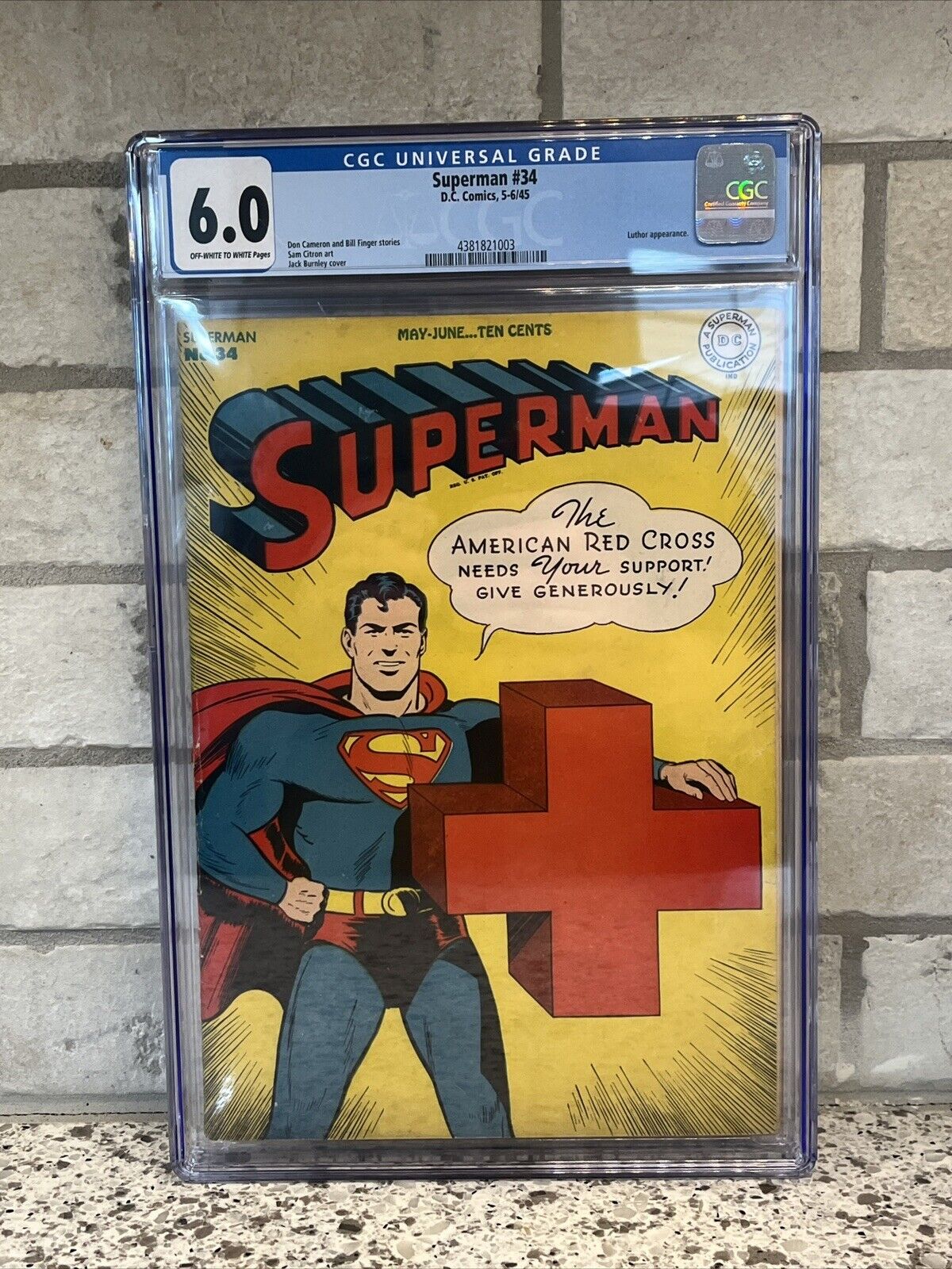 Superman #34 (DC, 1945) CGC 6.0, Red Cross WWII Cover, Lex Luthor Appearance