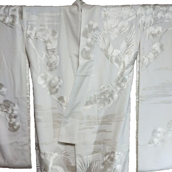 Vintage Japanese Kimono Uchikake Wedding White Silver Crane embroidery (u90)