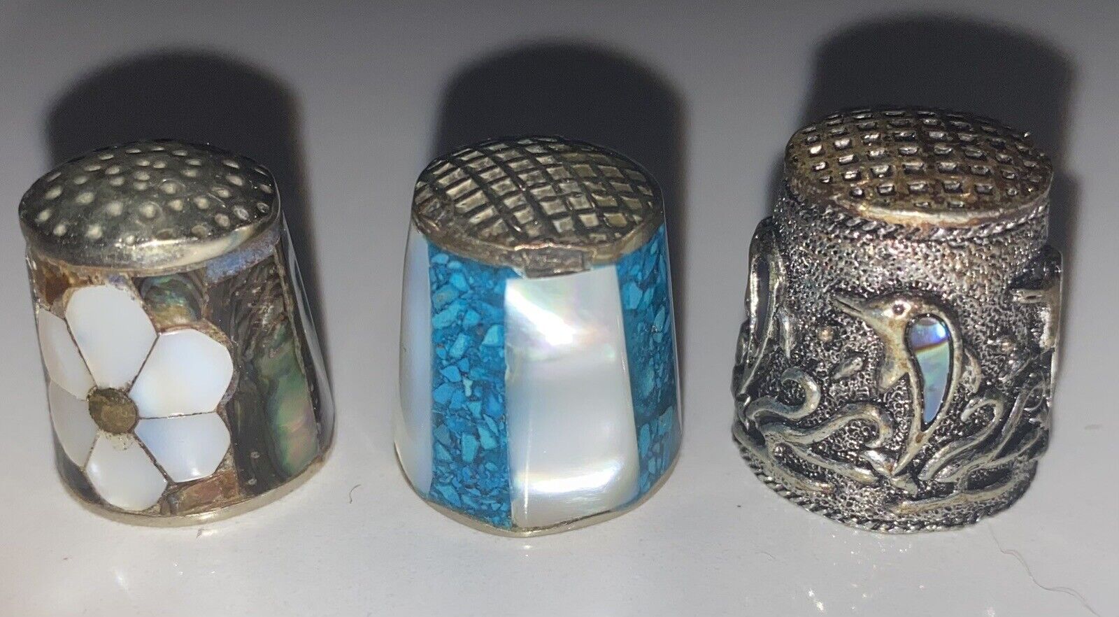 3pc Abalone VINTAGE DECORATIVE ABALONE MOTHER OF PEARL Dolphin THIMBLE Mexico