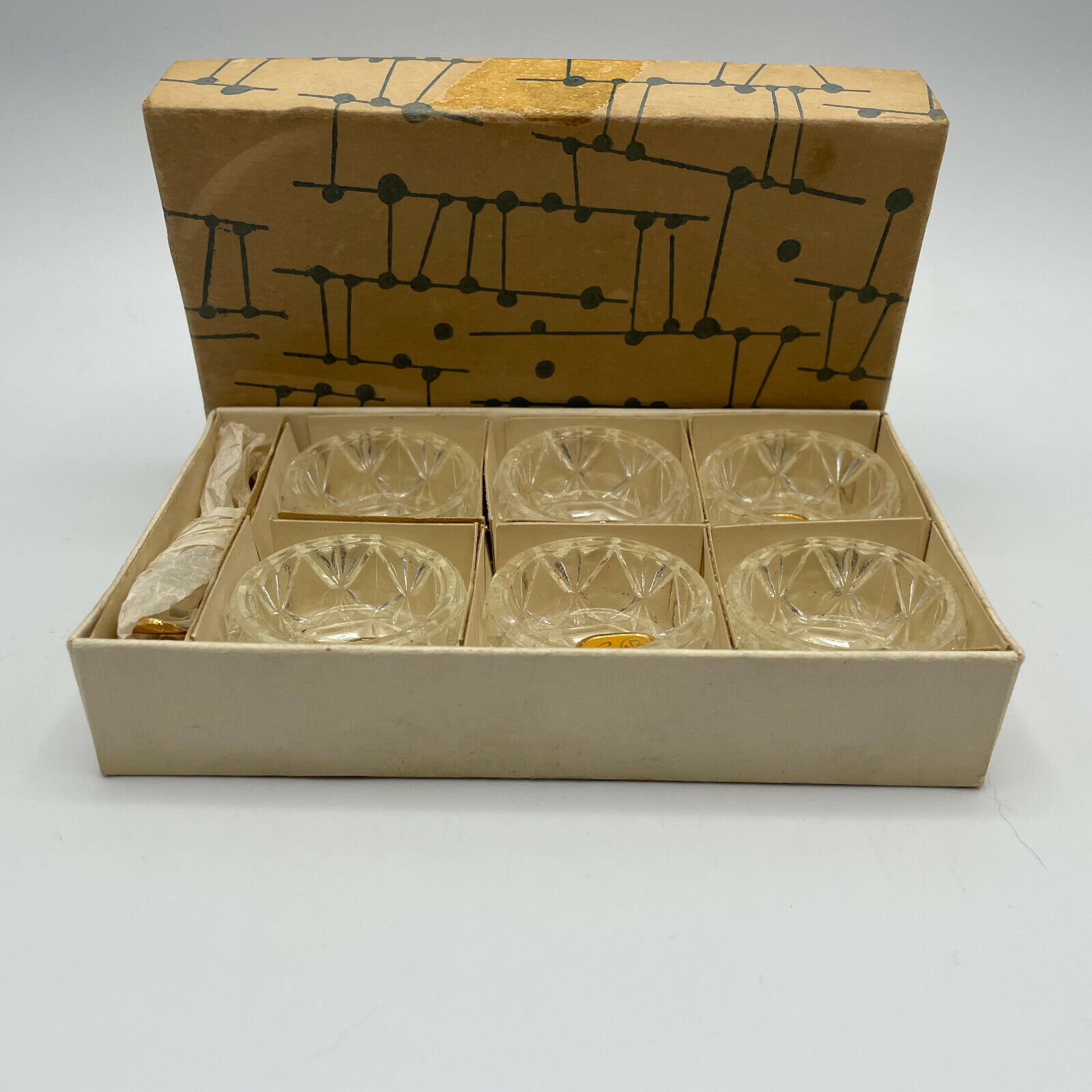 Vintage Bohemian Glass Salt Cellars & Spoons, Set of 6 Original Box
