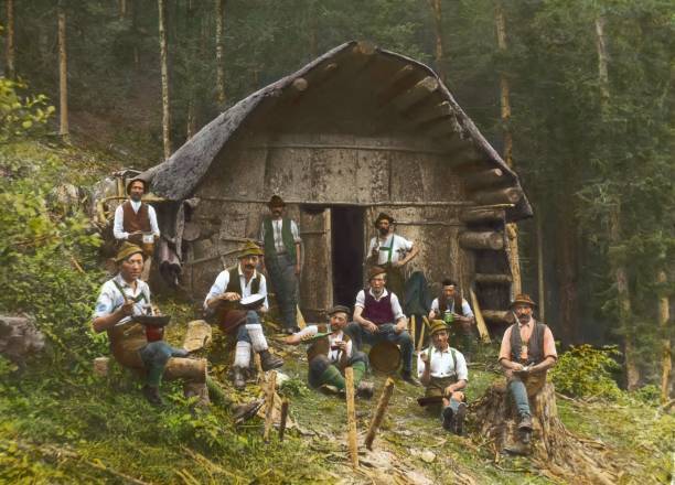 Woodcutters in front of the lodge Northern Styria Hand-colored lan- Old Photo