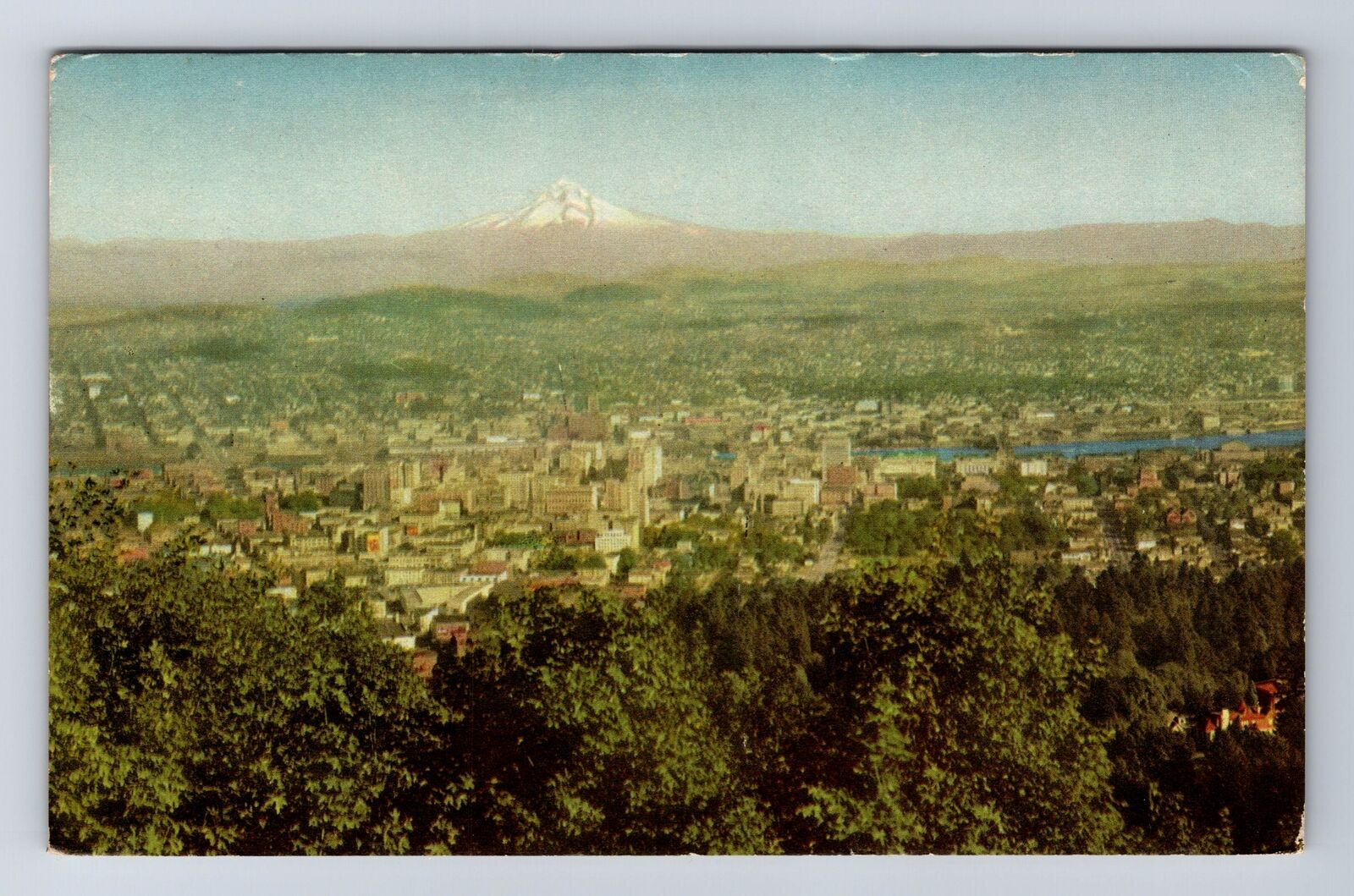 Portland OR-Oregon, Birds Eye View Portland and Mountains, Vintage Card Postcard