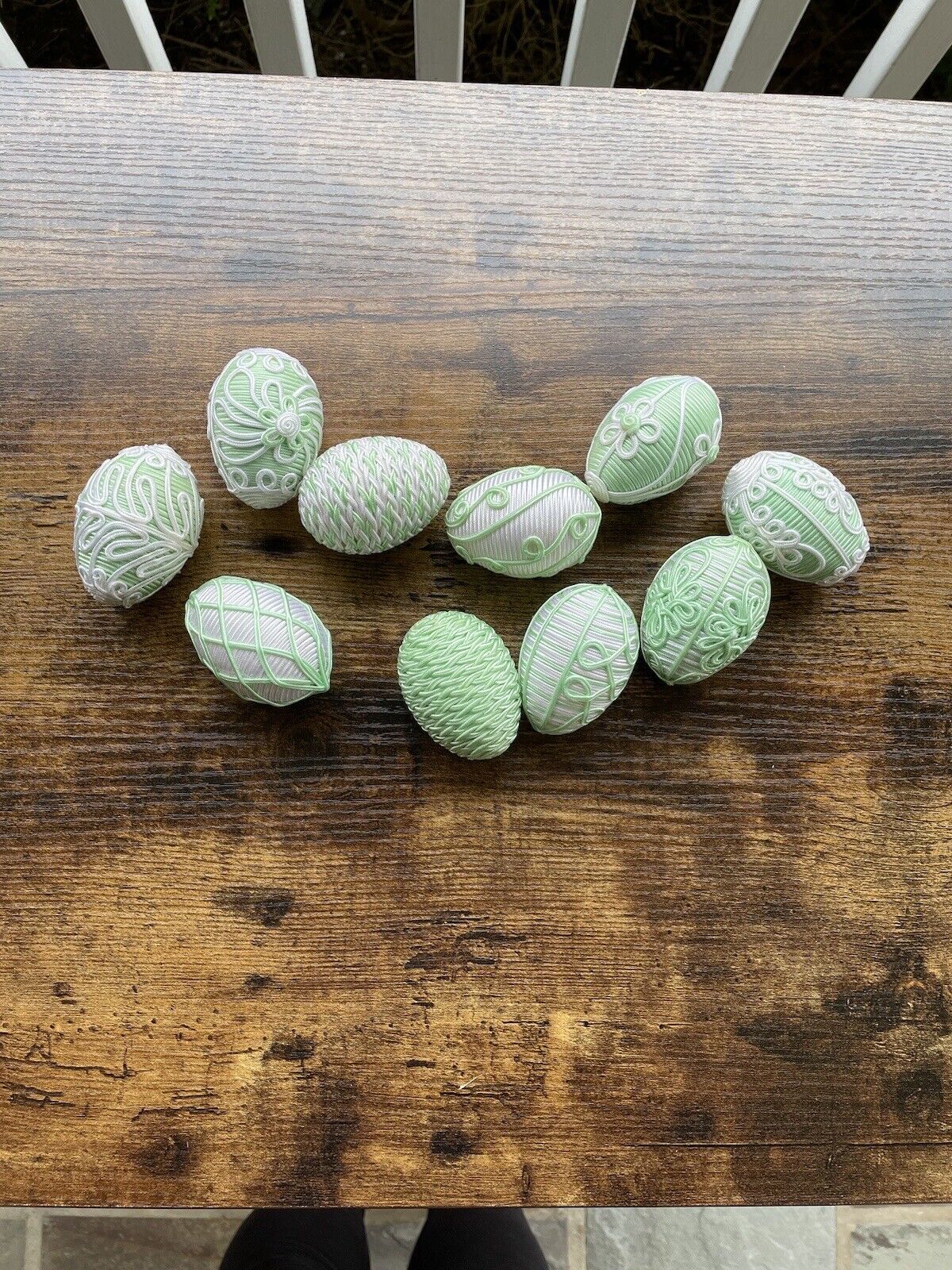 10 Easter Eggs Wrapped in Fabric Satin Cord Scroll Pastel Green