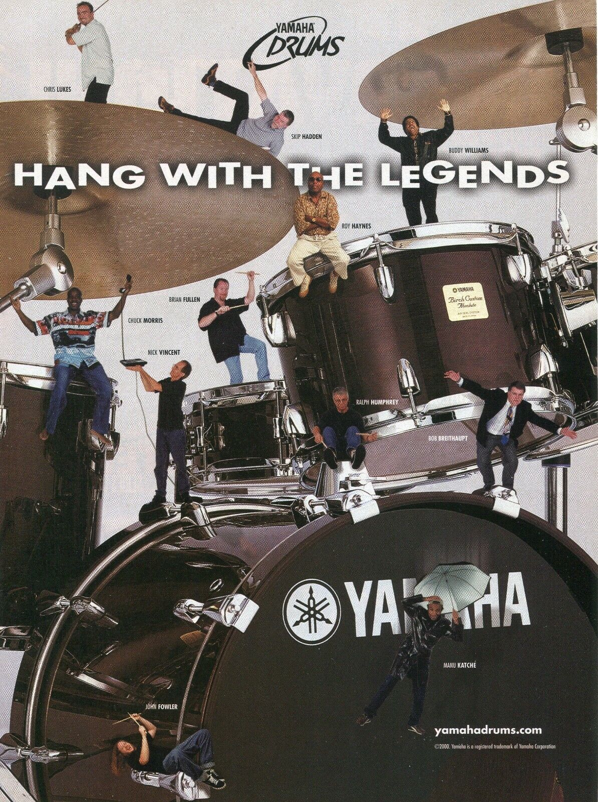 2000 Print Ad of Yamaha Birch Custom Absolute Drums w Skip Hadden, Chris Lukes