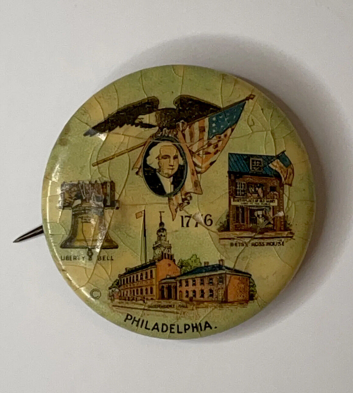 Rare Antique Pinback c. 1912 - Philadelphia 1776 Liberty Bell - Washington Pin