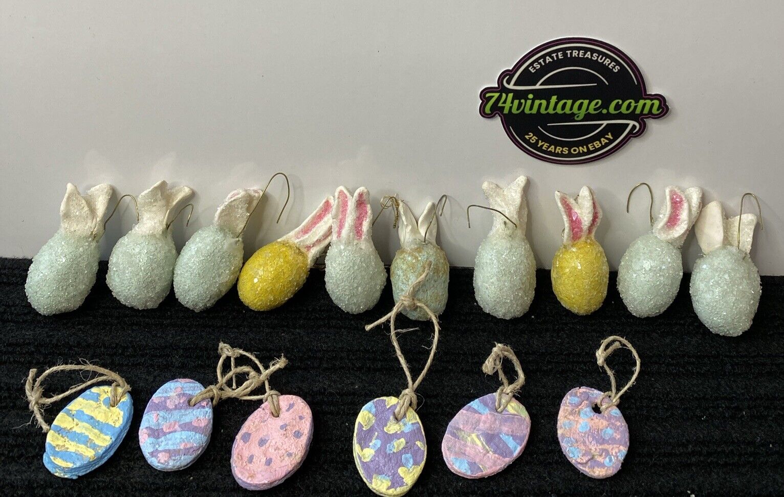 16 Items - Vintage Easter Egg Ornaments - Egg Ears  Hanging And Painted Loops