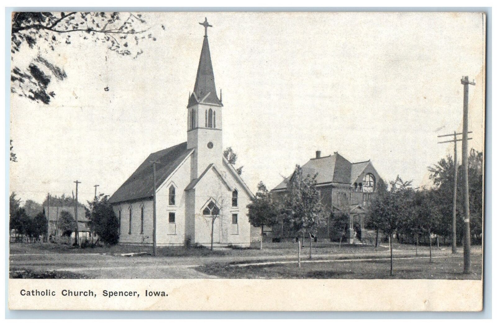 1910 Catholic Church Exterior Roadside Spencer Iowa IA Posted Cross Postcard