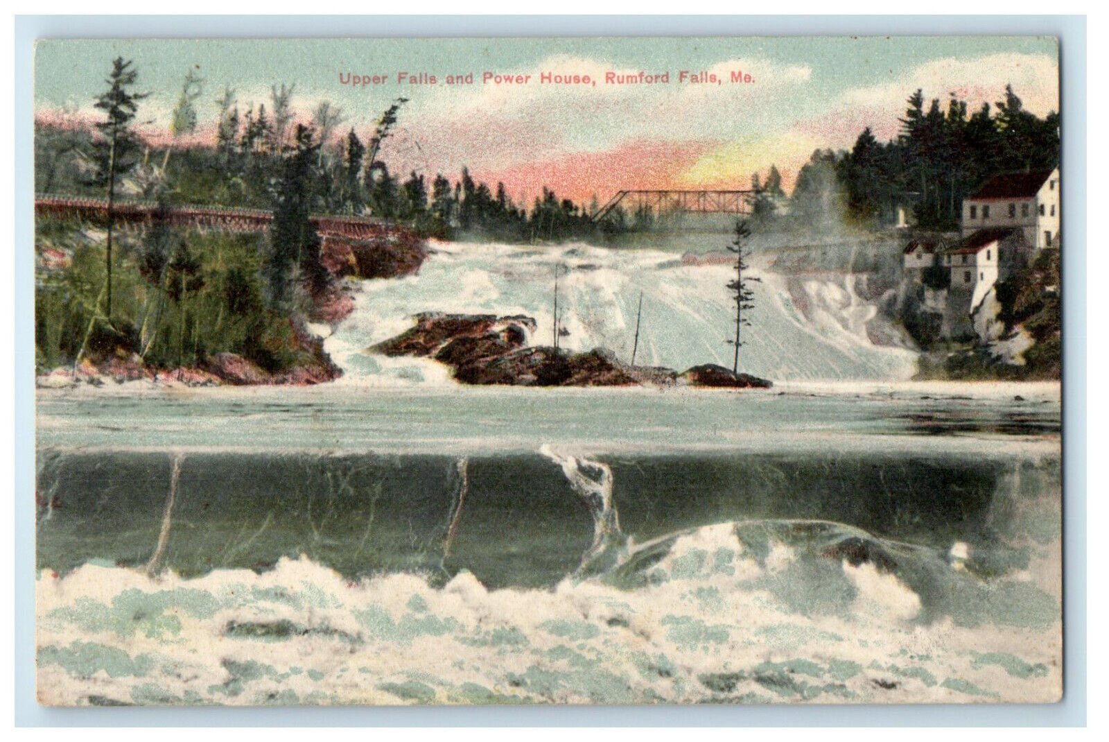 1908 Upper Falls and Power House, Rumford Falls Maine ME Antique Postcard