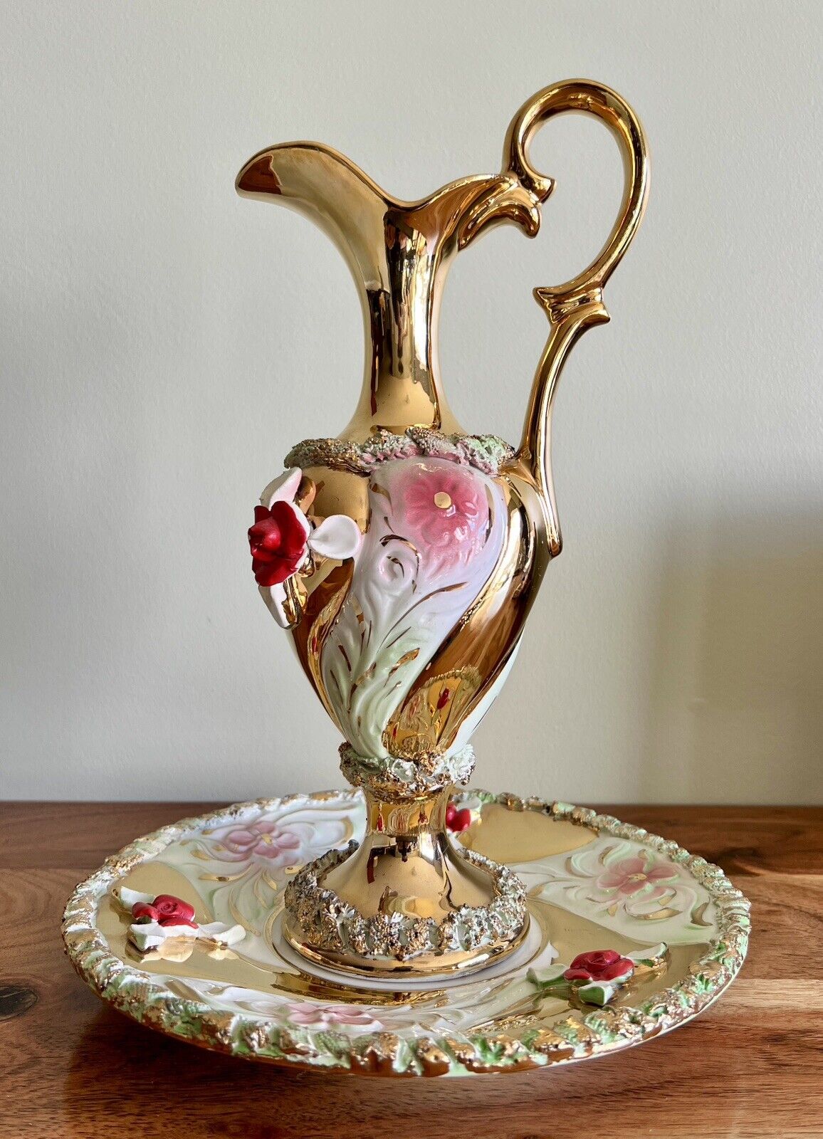 Handmade Italian Porcelain Capodimonte Decanter with Roses & Gold Near MINT