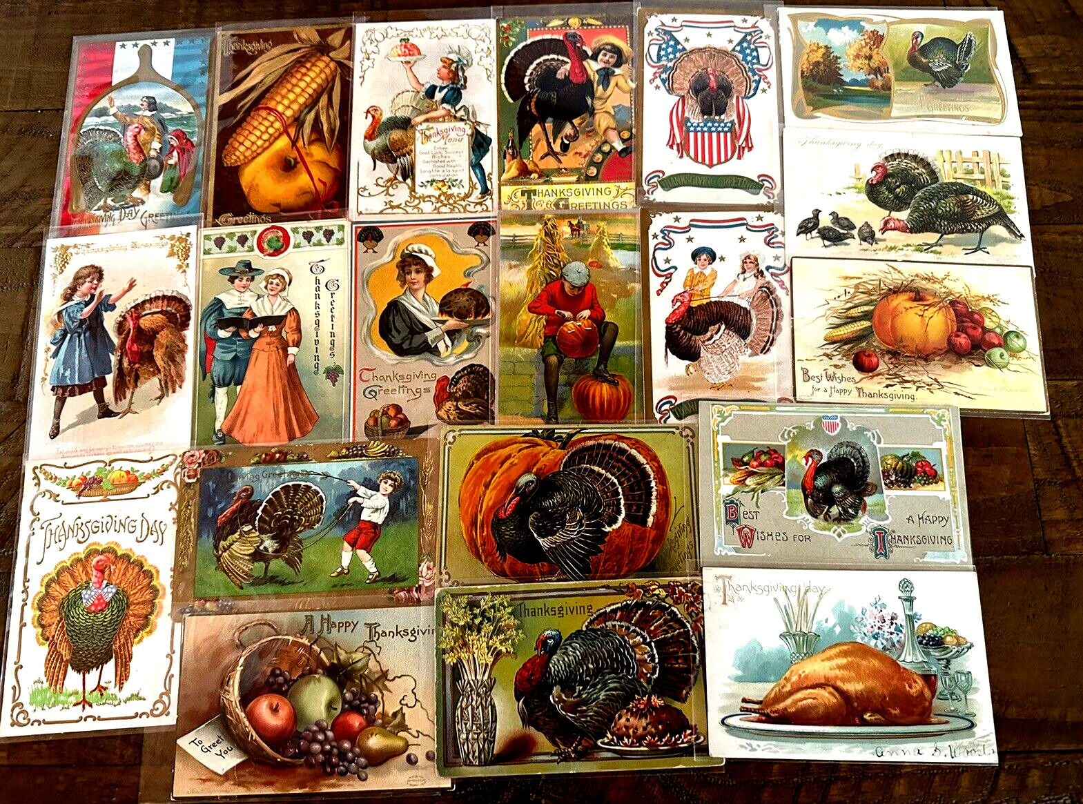 Big Lot of 20 Vintage ~Thanksgiving Postcards~Turkeys~Pilgrims~Patriotic-k557