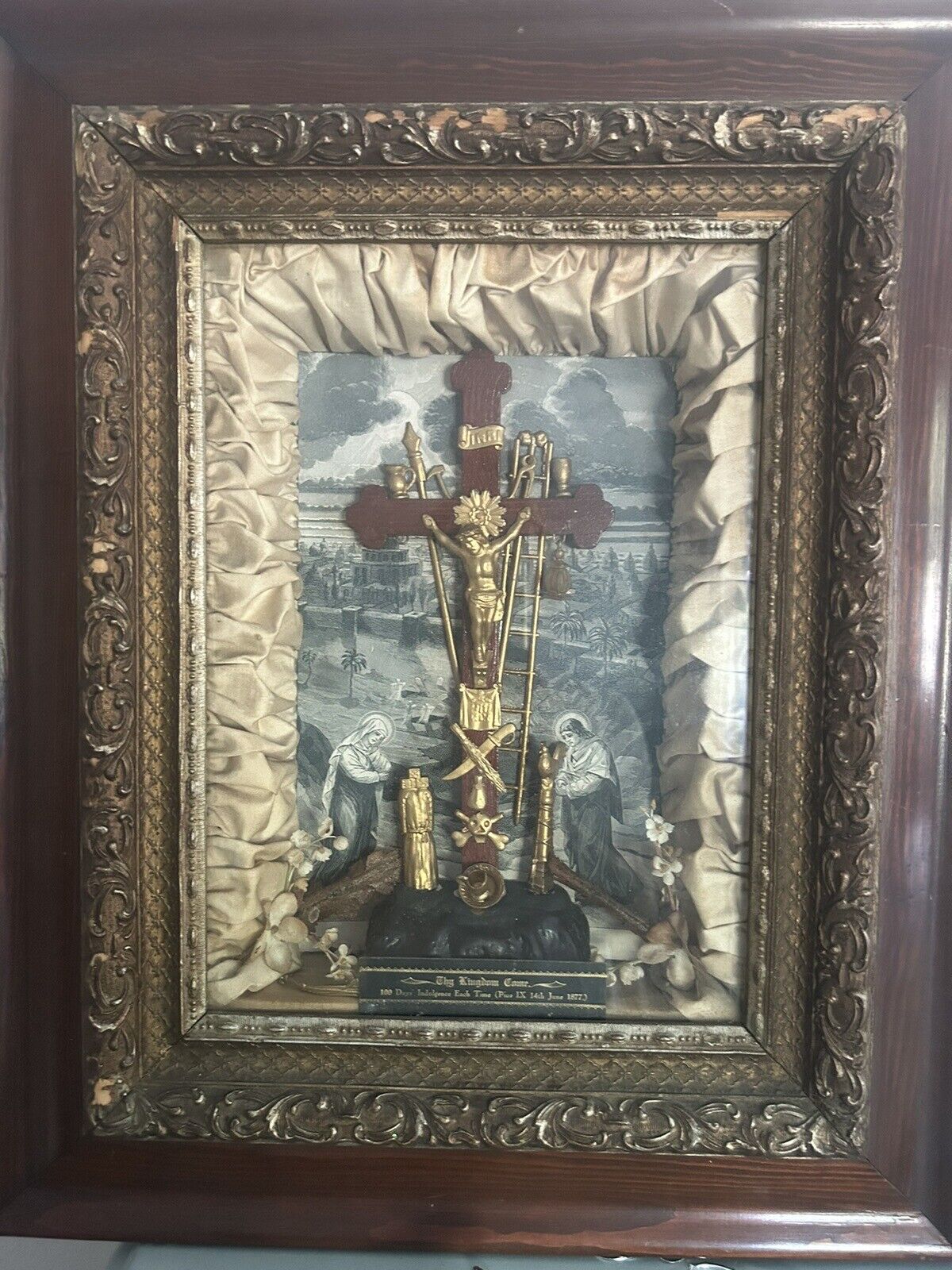 RARE 1877 Antique Shadow Box Jesus Crucifix  Thy Kingdom Come