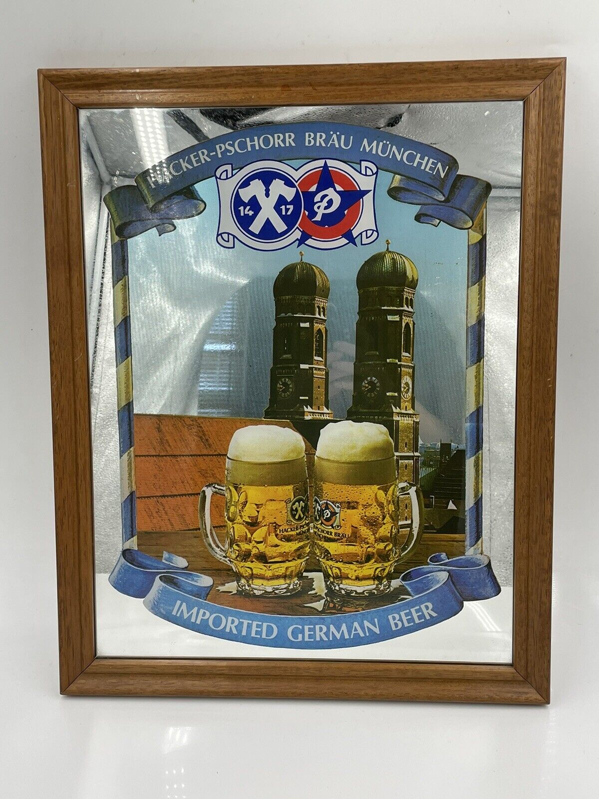 Rare Vintage Hacker Pschorr Beer Glass Mirror Sign Wood Frame