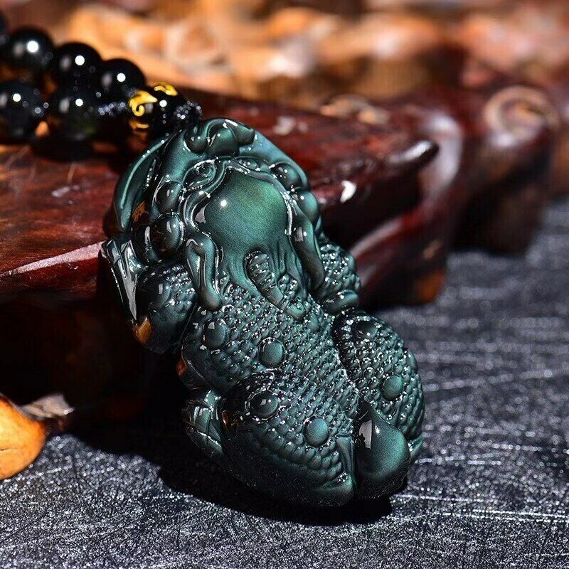 1pc Natural rainbow obsidian eye carving Pixiu pendant + Bead Chain