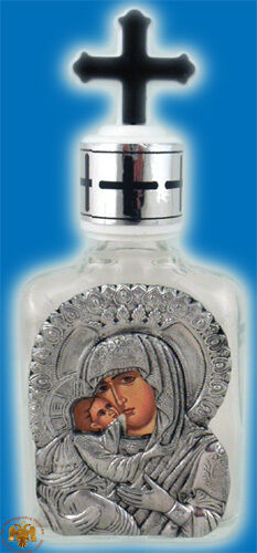 Orthodox Holy Oil & Water Bottle From Glass With Small Metal Icon Weihwasser