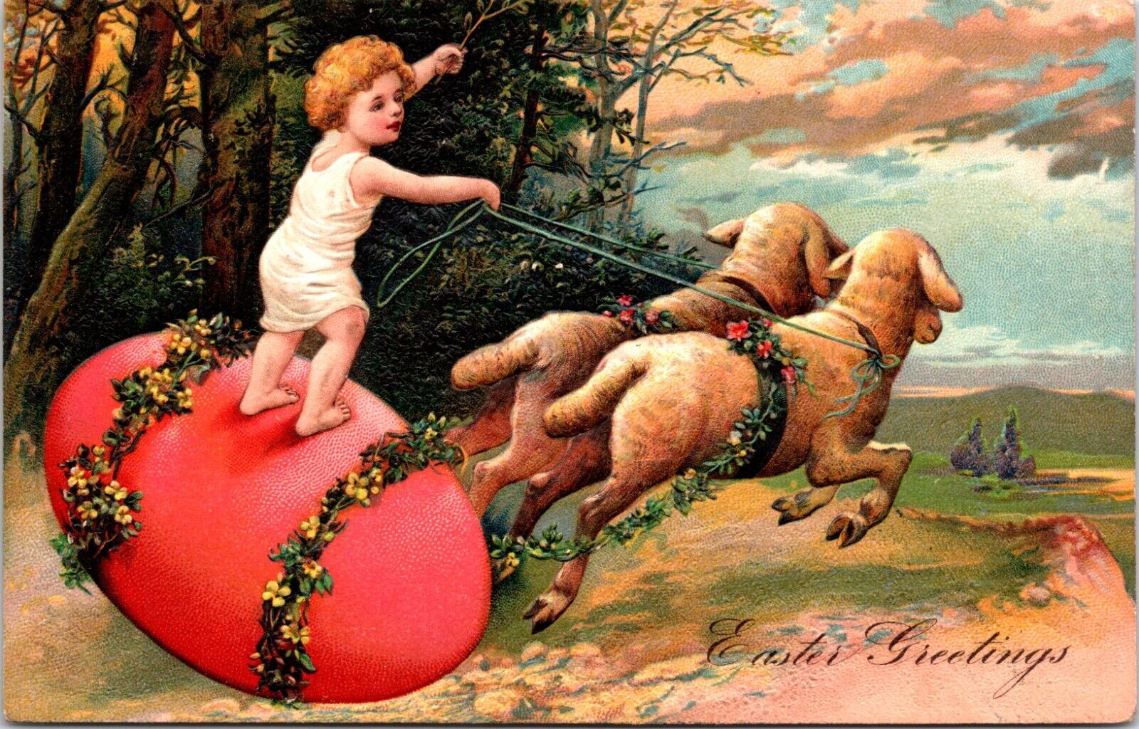 VINTAGE EMBOSSED POSTCARD-EASTER GREETINGS SHEEP PULLING EGG WITH CHILD