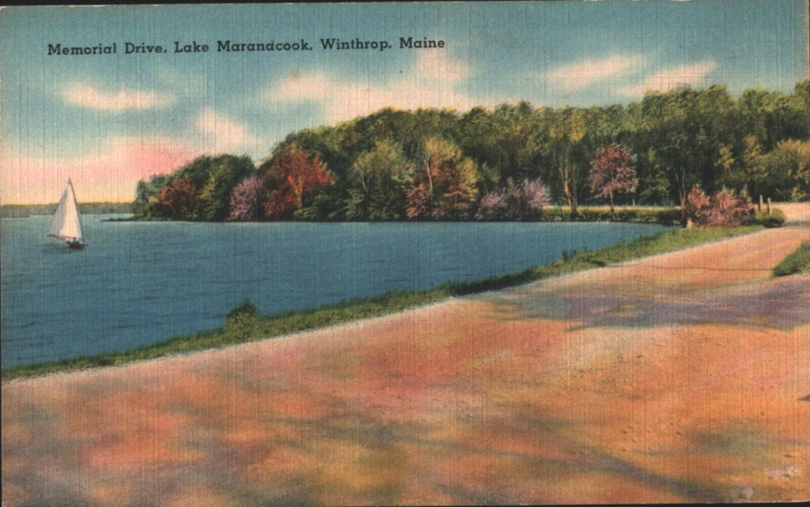 1940s Linen Postcard Winthrop ME Maine Lake Maranacook Memorial Drive