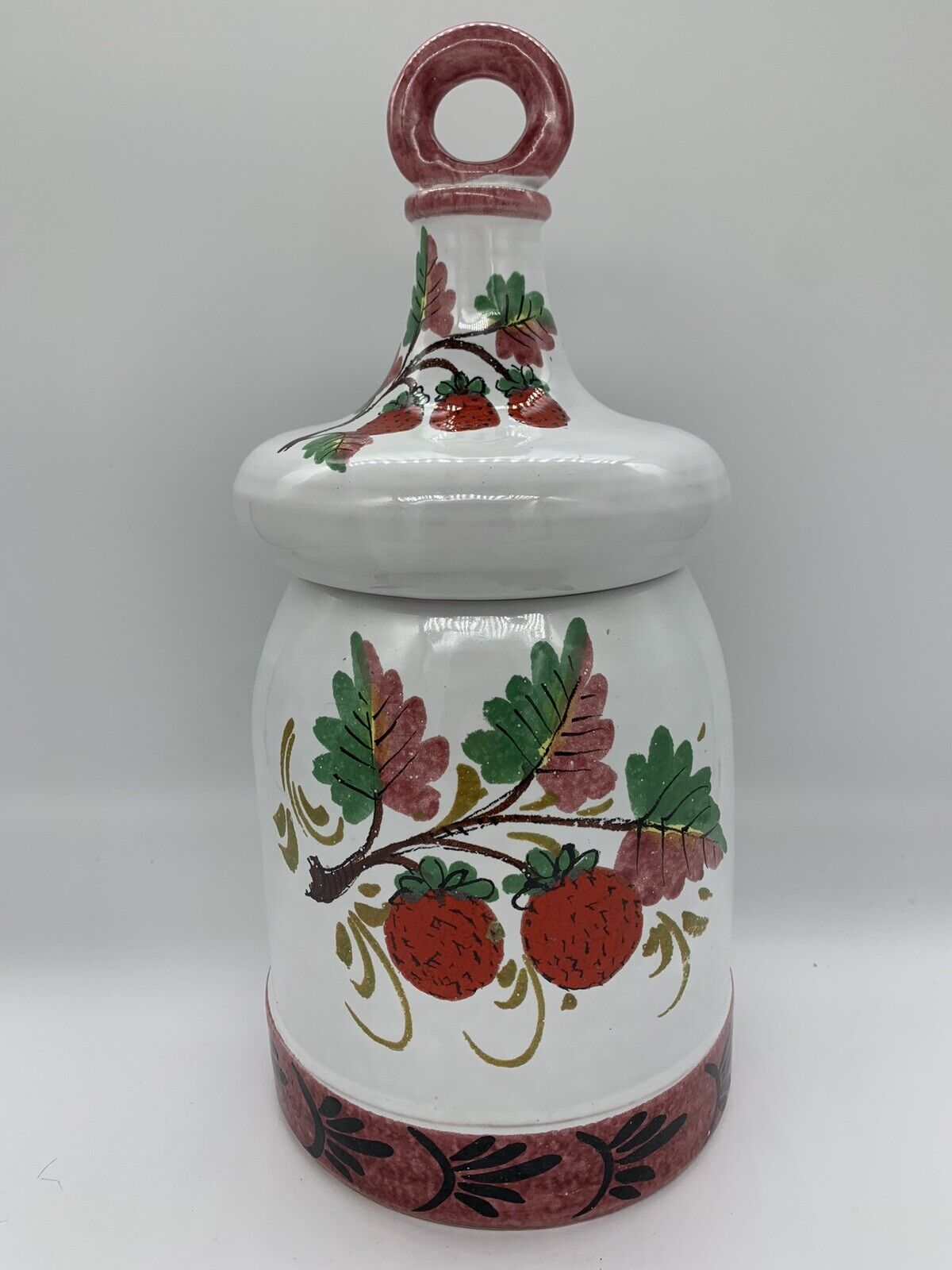 Rare vintage made in Italy and painted strawberry biscotti/cookie jar