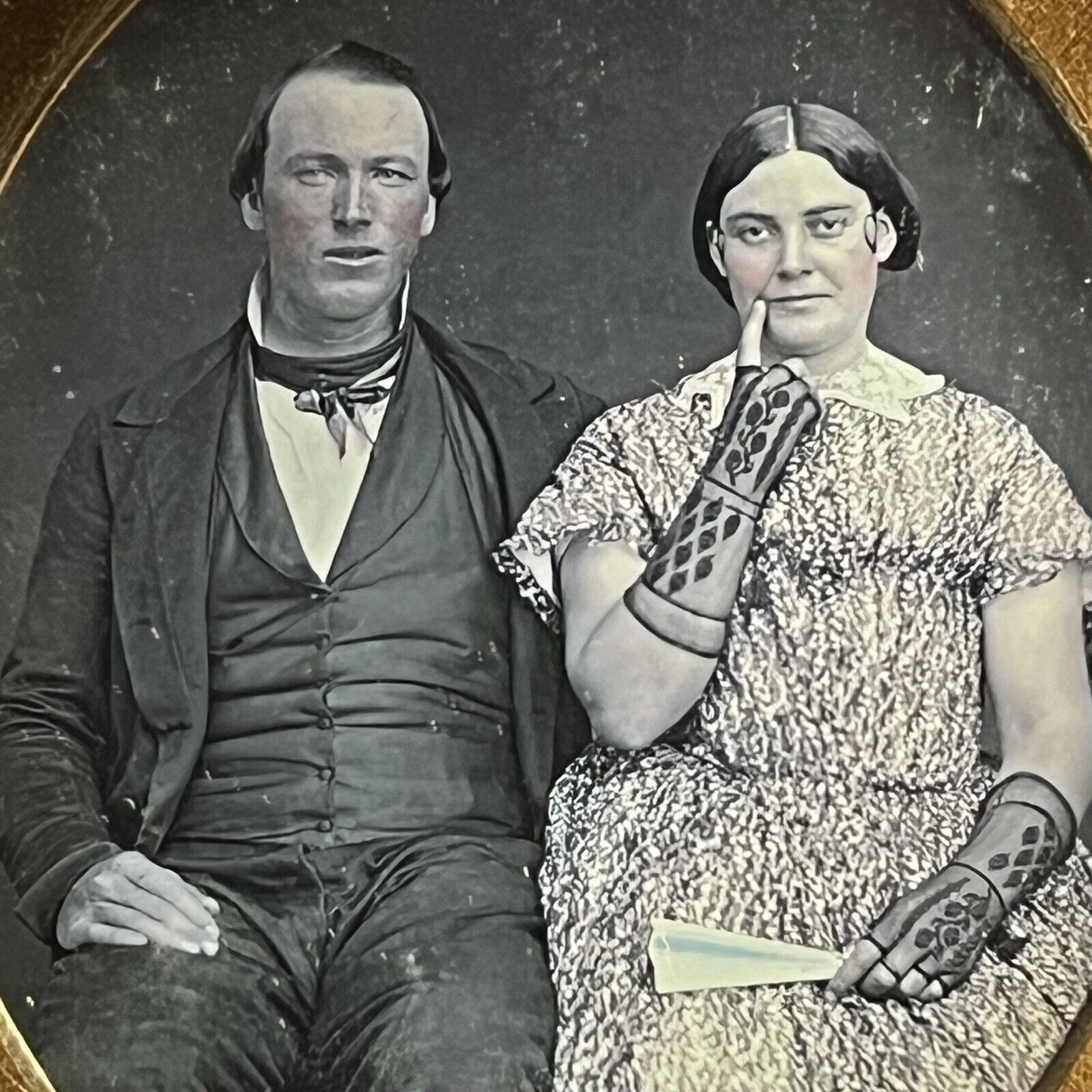 Antique Daguerreotype Photograph Beautiful Couple Man Woman Unique Pose Gloves