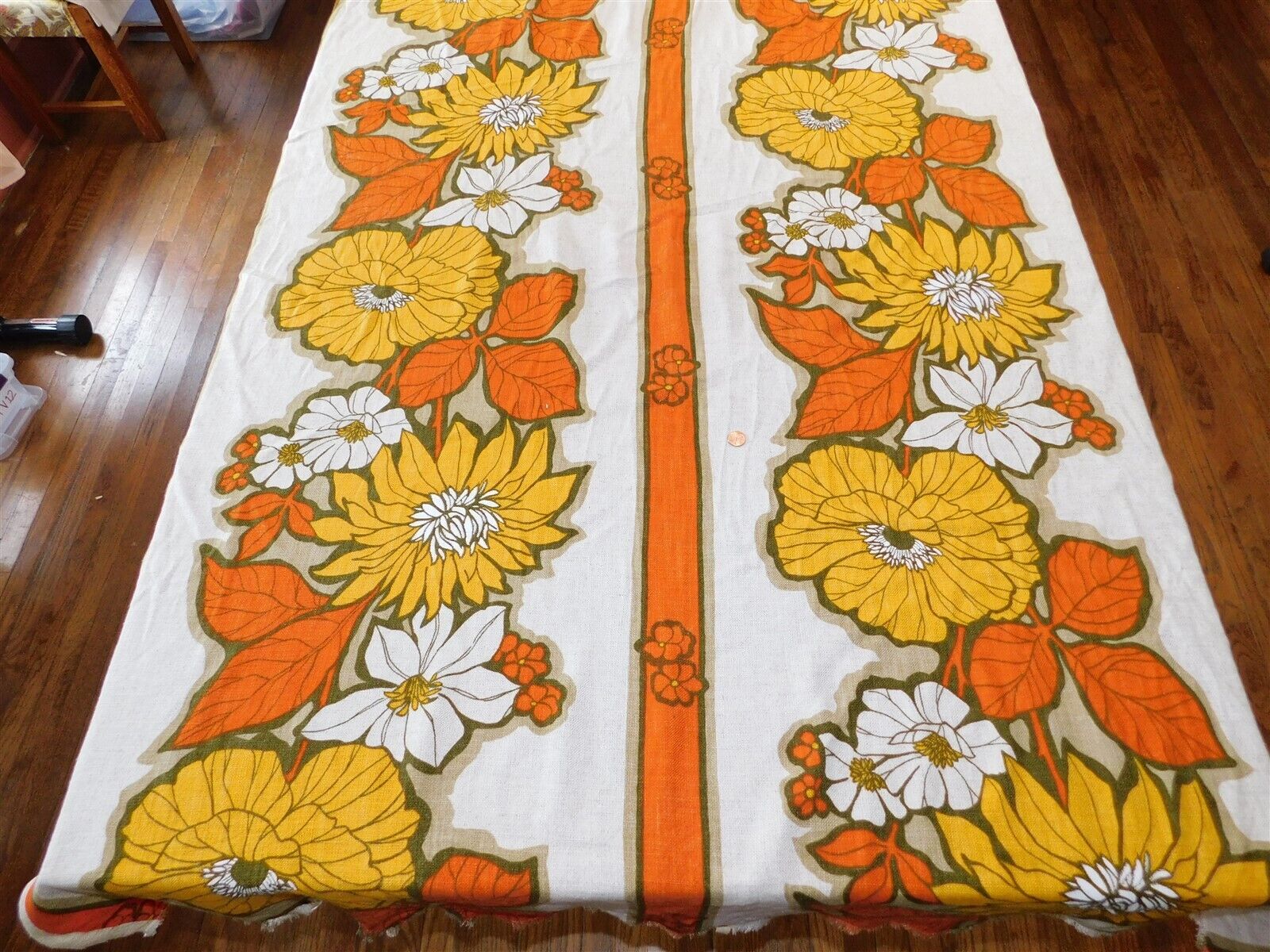 Vtg 1970s Bold Floral Print Orange Yellow Gold MOD Curtain Home Decor Fabric BTY