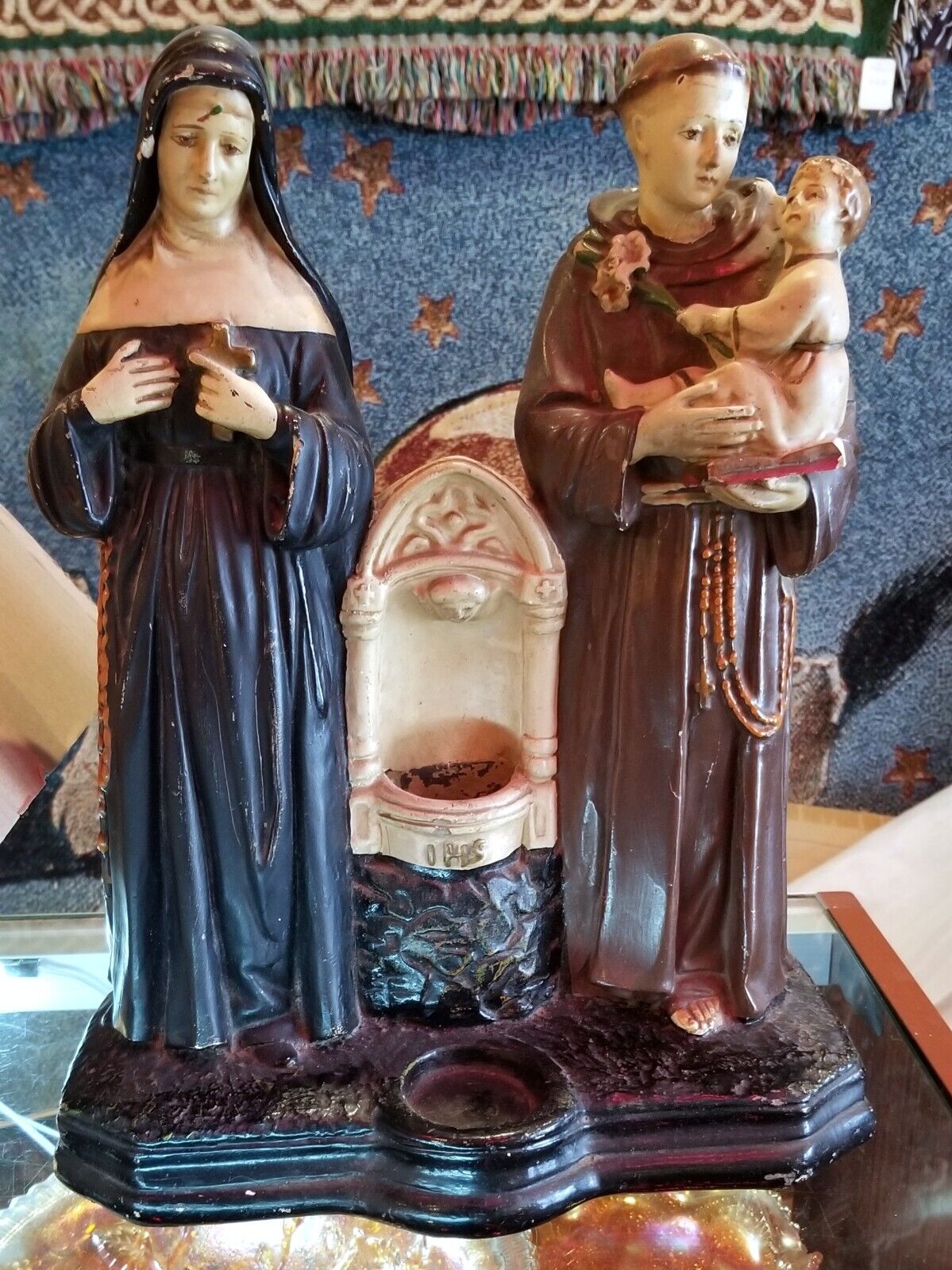 Vintage 1928 Chalkware Saint Anthony & St Anne Mary Shrine & Holy Water Font