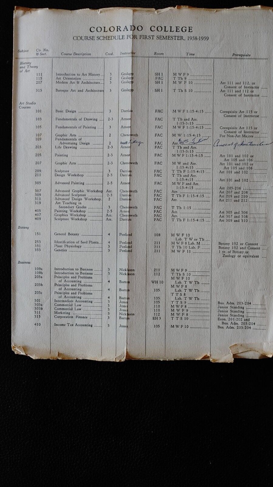 Vintage 1958-59 COLORADO COLLEGE Course Schedule For First Semester