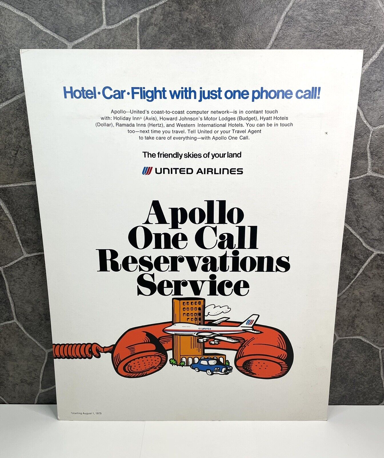 Original 1975 United Airlines Apollo One Call Reservations Service Ad Sign RARE
