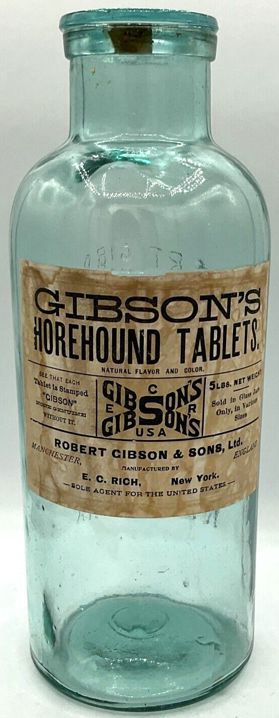 Vintage Gibson’s Horehound Tablets Embossed Blue Label England Bubble Glass Jar