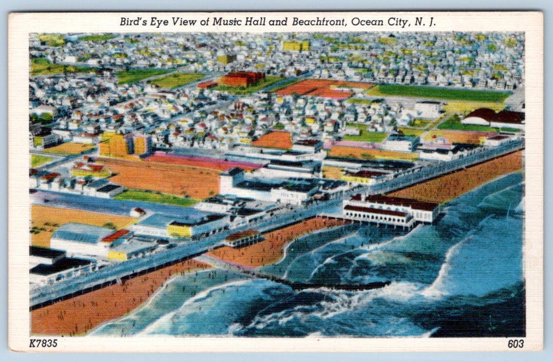 1940-50\'s OCEAN CITY NJ BIRD\'S EYE VIEW MUSIC HALL BEACH VINTAGE LINEN POSTCARD