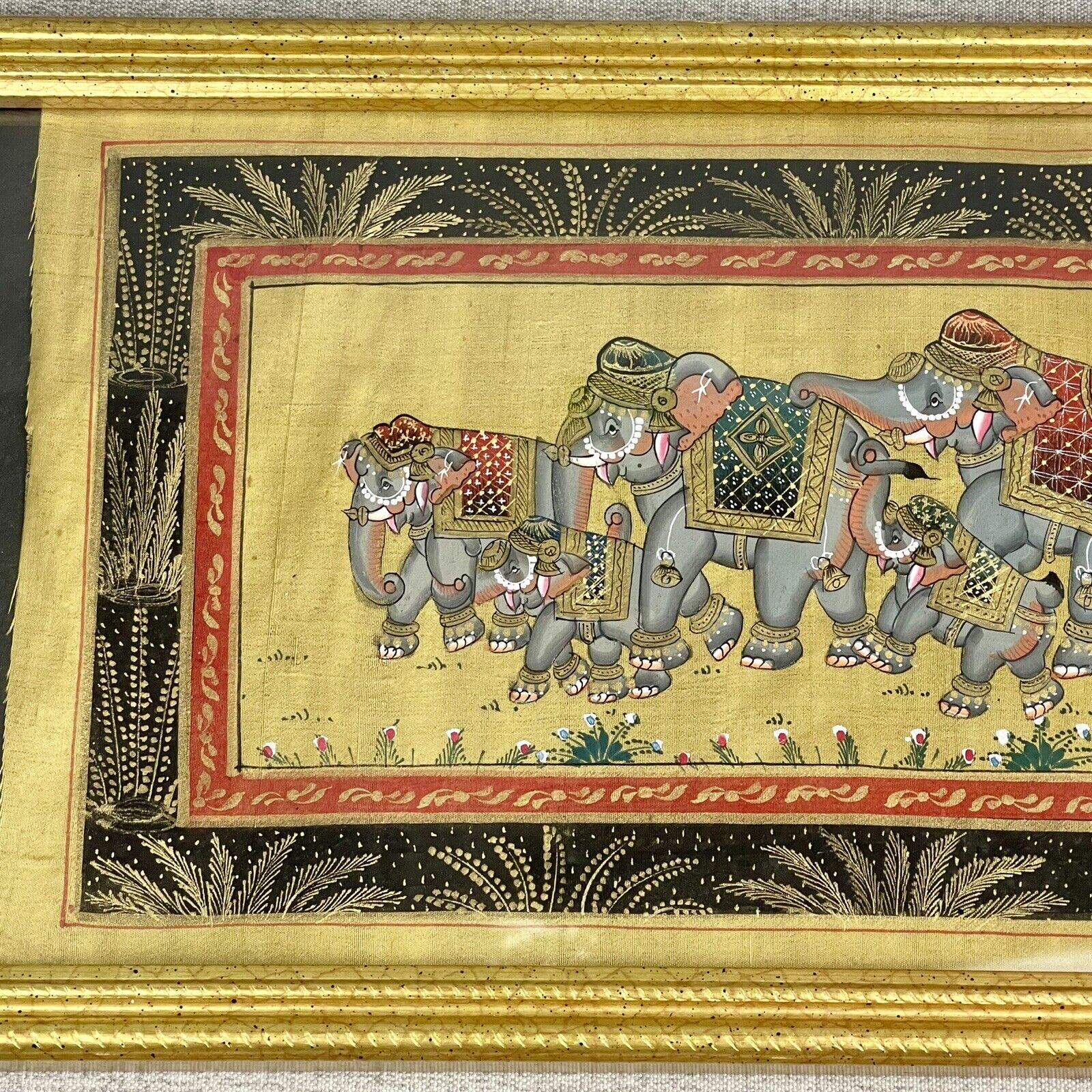 Vintage Thai Burmese Tapestry Embroidered Elephants Framed Wall Hanging