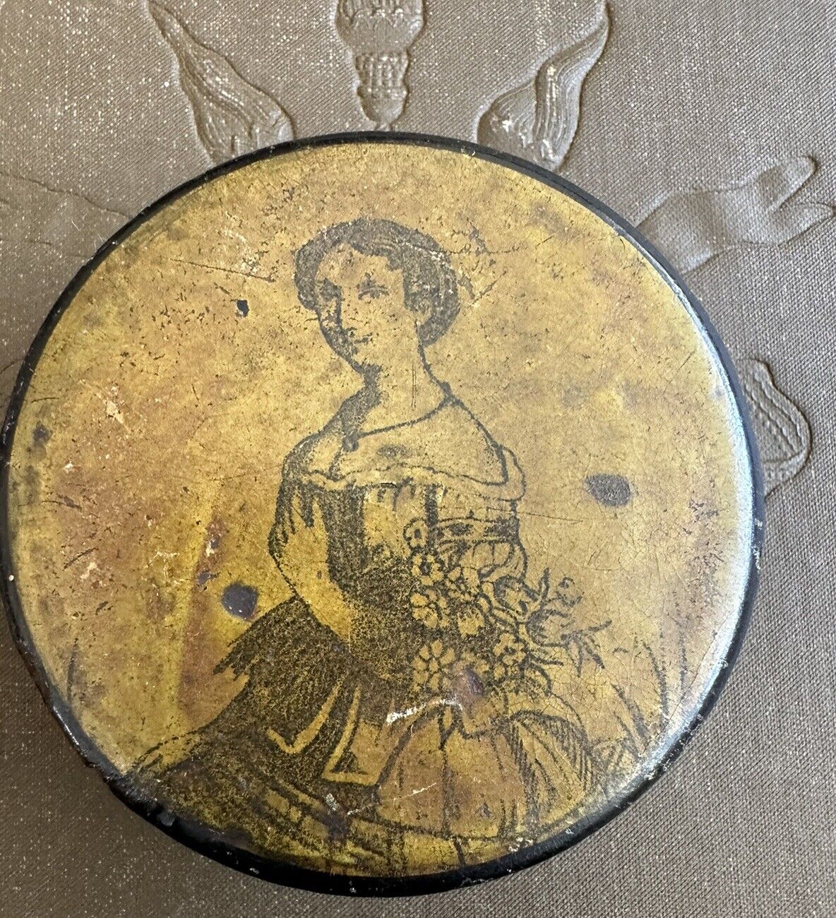 Antique 19th century wooden lady portrait enameled snuff box