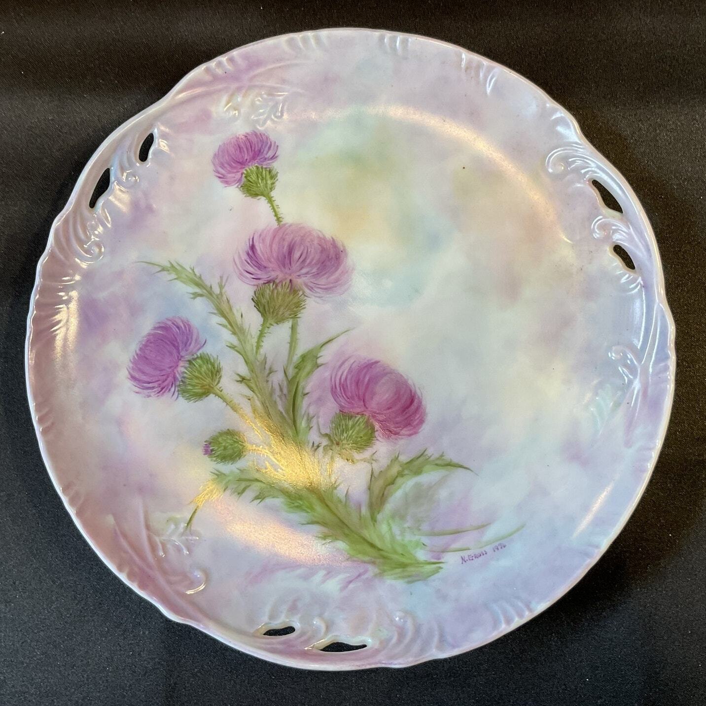 Vintage Hand-Painted Reticulated Plate Purple Floral Thistle Signed N Gross 1976